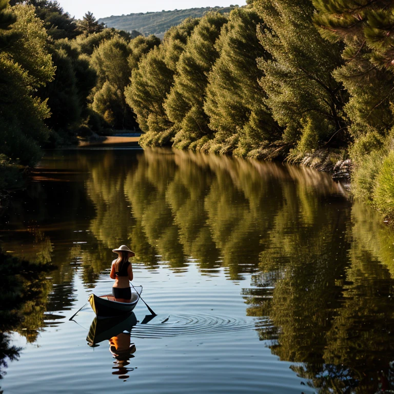 Woman fishing , lunette de soleil , lac , qui regarde l'eau , photographier de dos , background a pine forest , region del a france du Sud-Ouest , elle tien une canne a peche dans les mains