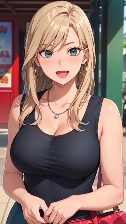 masterpiece, best quality, high resolution, UHD, RTX, pixel perfect, depth of field, 4k, highly detailed, 1 girl, single, solo, beautiful anime girls, beautiful art style, anime characters, long hair, parted bangs, middle part bangs hair, dark blonde hair, green eyes:1.4, round eyes, beautiful eyelashes, realistic eyes, detailed face, blush:1.2, fine texture:0.75, realistic texture:0.65, photorealistic:1.1, CG anime style, bright color, medium breasts, cleavage, busty, dynamic angle, perfect body, first point of view, dynamic pose, looking at viewer, wearing tank top, black tank top, jeans, bra visible from inside tank top, fashionable, single handbag, 1 diamond necklace, hoop earrings, mischievous smile, open mouth with saliva, tsundere, shy, amusement park, leaning forward