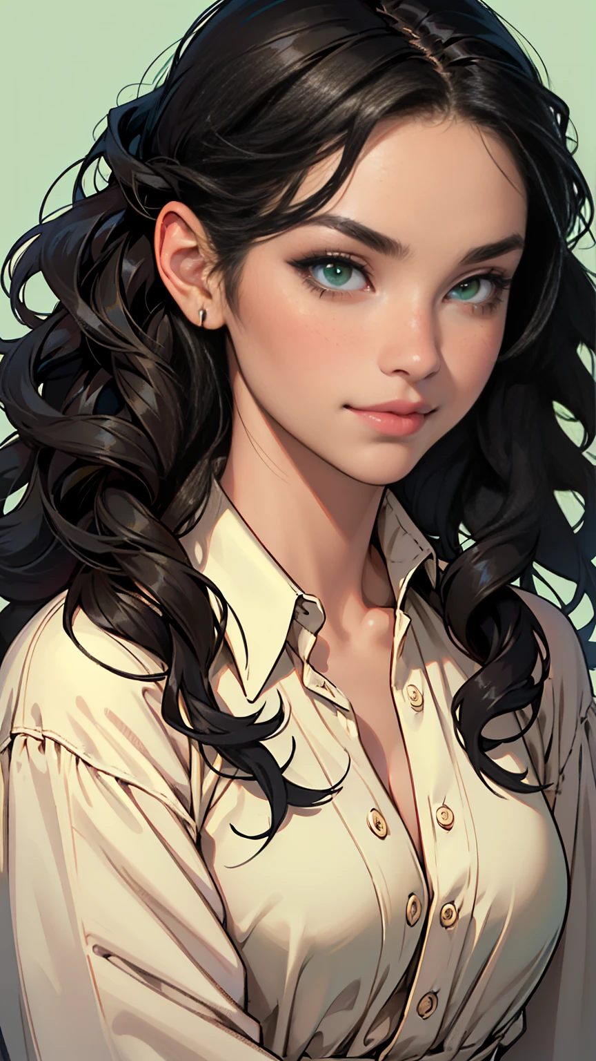 (high quality, masterpiece, absurdity), Portrait of a Young Woman, black hair, Wavy hair, thin eyebrows, Beautiful face, green eyes, slight smile, long dark eyelashes, plump beautiful lips, casual wear, detailed face, Simple background,