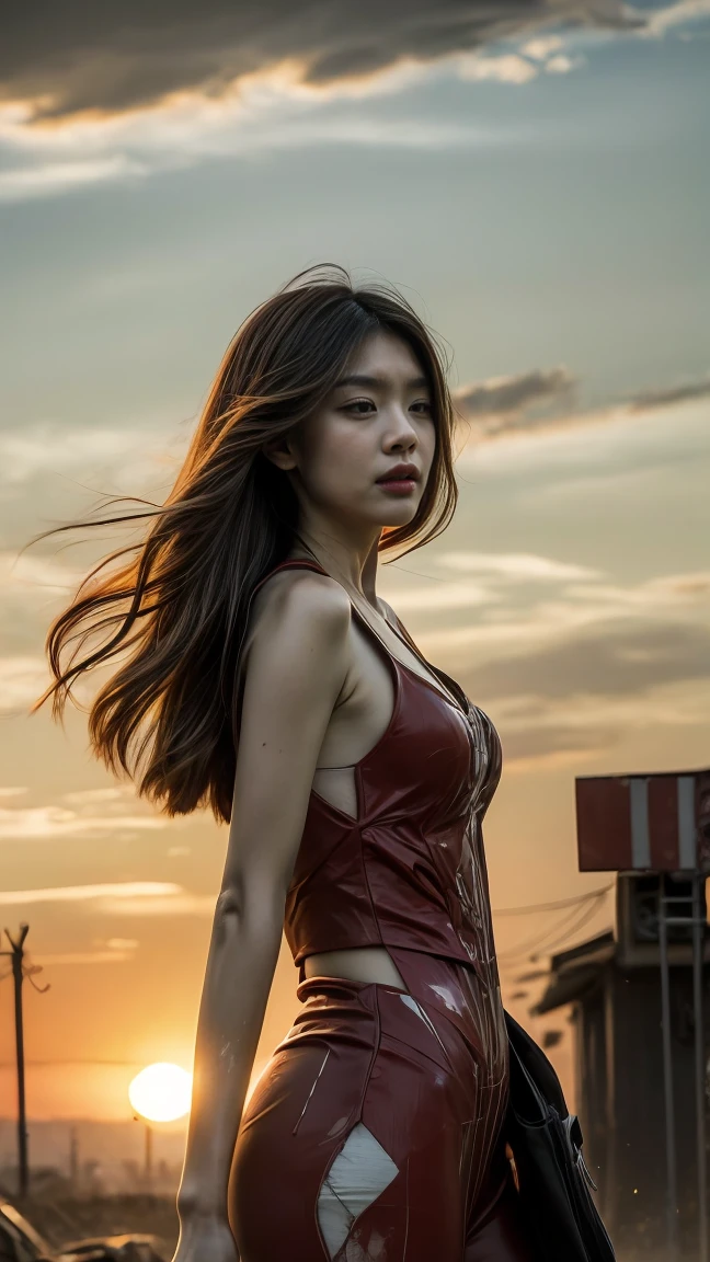 look up perspective,(original photo:1.3),(best quality、8K、Ultra HD resolution:1.1),wasteland,Thick clouds are rotating,smoke,Fierce battle between aircraft in the sky,weed,Dilapidated houses,gravel path,Sunset,Dark Red,((A girl wearing a mecha battle suit stands on a severely damaged、In front of the badly damaged mecha)),((The girl's messy long hair is flying in the wind、Blood、Cleavage)),(嘴角有Blood迹),(Messy long hair flying),(((機甲上濺滿了Blood))),(Mars splash),((Broken upper body mecha,Fallen mecha fragments)),((Slender long legs:1.5)),(The naked wireecha is carefully depicted)),(((Very detailed))),shot at 8k resolution,gasoline liquid,Fire,Missiles streak across the sky,weeds,gravel path,explode,splash art,((dynamic speed line:1.2)),Fine lithography,East(Light Particles:1.2),(game concept:1.3),(Depth of Field:1.3),Global Illumination,Rich in details,Trending on artstation,epic shooting,Movie Lighting,every detail