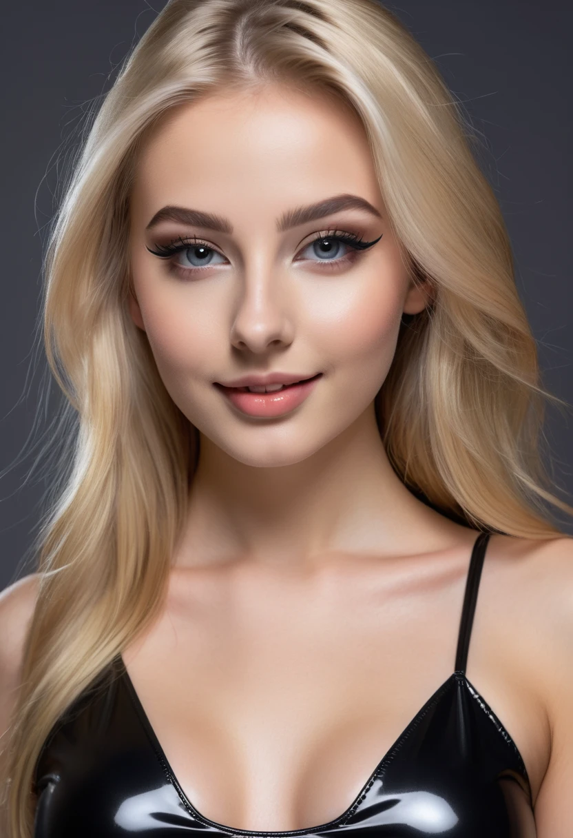 hyperrealistic beautiful 18-year-old women in shiny black latex romper, model shooting photography, very long blonde straight hair, dark eye makeup with eyeliner, seductive smile, 8K, best quality, Meisterwerk, ultra high resolution, (Realismus: 1.4), Originalfoto, (realistische Hautstruktur: 1.3), (Filmkorn: 1.3), (Selfie-Winkel), 1 girl, Beautiful eyes and facial details, Meisterwerk, best quality,