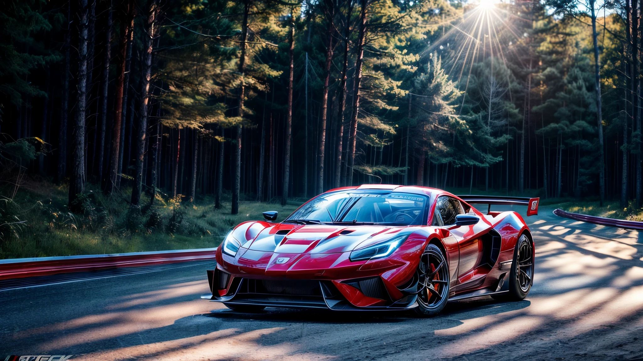 race track, speed, red sports car, bright sun, the forest((8K, Raw-Photo, top quality, masterpiece), Highly detailed RAW color photography, professional photography, (realistic, photorealism:1. 37), (top quality), (best shadow), (Best Illustration), ultra high resolution, highly detailed CG wallpaper unified 8K, Physics-based rendering)