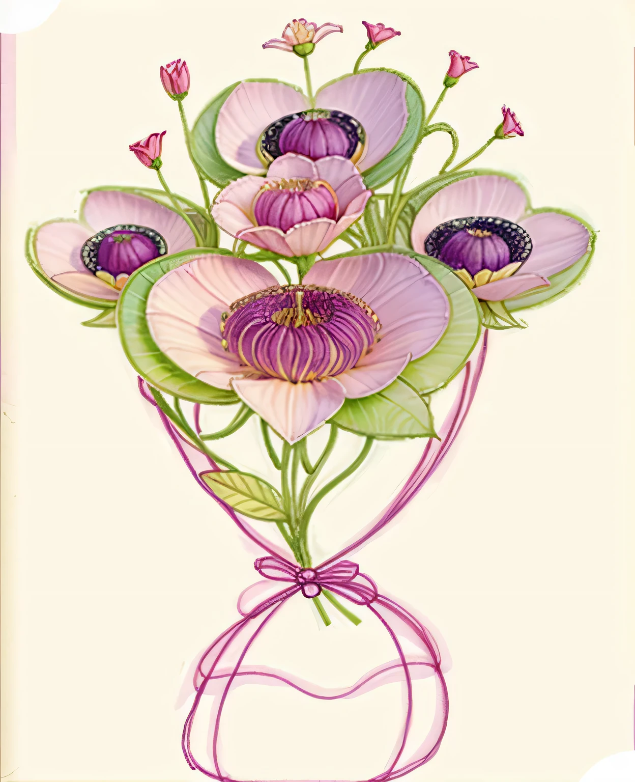 there is a drawing of a ramo of flowers with a pink bow, inspirado en Margaret Macdonald Mackintosh, inspired por Charles Rennie Mackintosh, por Charles Rennie Mackintosh, Art Nouveau alien botanicals, por Cicely Hey, flores mutadas, ramo, Botánicos Art Nouveau, inspirado en Frances MacDonald, floral renewal, art deco flower shaman