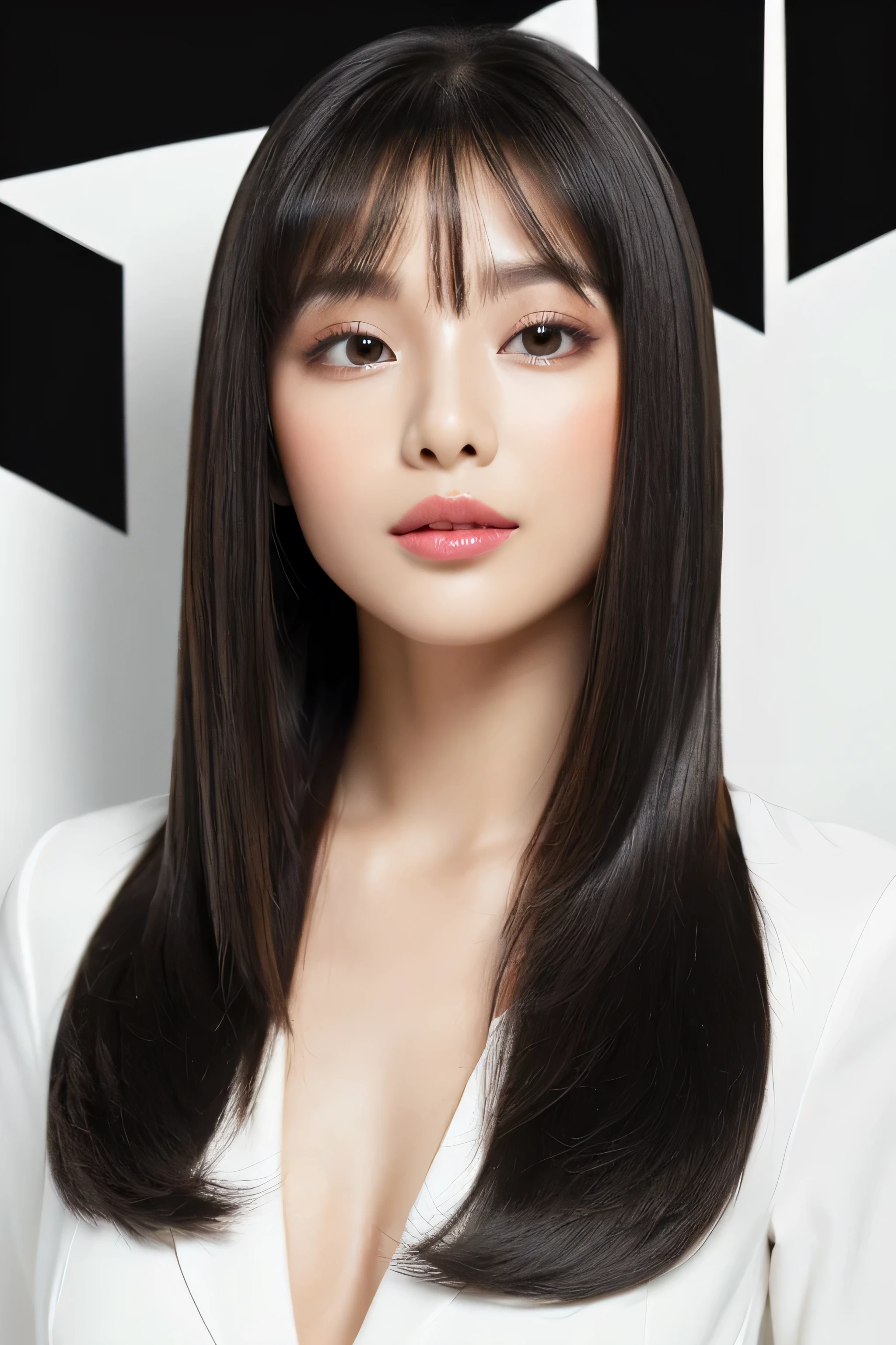 (The background is a pure white wall:1.8) (One of the most beautiful 24-year-old women in Japan) (from above) ((highest quality)), ((masterpiece)), (Familiar) (Get used to it) Perfect Face (Her skin is a typical Japanese skin color..、Very detailed) (Her hair is very Shiny, Shiny, Fine and detailed.、My hair is thick and silky.) (big breasts) (She's wearing a shiny white silk shirt) (Her face is slim and dignified.., Long, narrow eyes..々Nice face) (Her bangs Well-organized) (She has perfect beautiful makeup Lipstick is light red A solid eyeliner) (Her hair is a beautiful black color.) ((Rich 1.4)) (Extremely detailed 8K) (Stable diffusion model) (Ultra-fine skin texture 1.4) (Actual, Vibrant:1.4), double eyelid Sharp focus:1.2、Beautiful woman:1.4 Dynamic Lighting (Genuine RAW photos taken by professional photographers) (Her long bangs, Reaching up to her eyes, Well-organized) (She looks down on the viewers.) (A close-up of the face from the neck up with the whole body facing the viewer) ((Her hair is incredibly straight、Very shiny and silky beautiful、Very detailed, fine, and very thick, jet black medium length hair))
