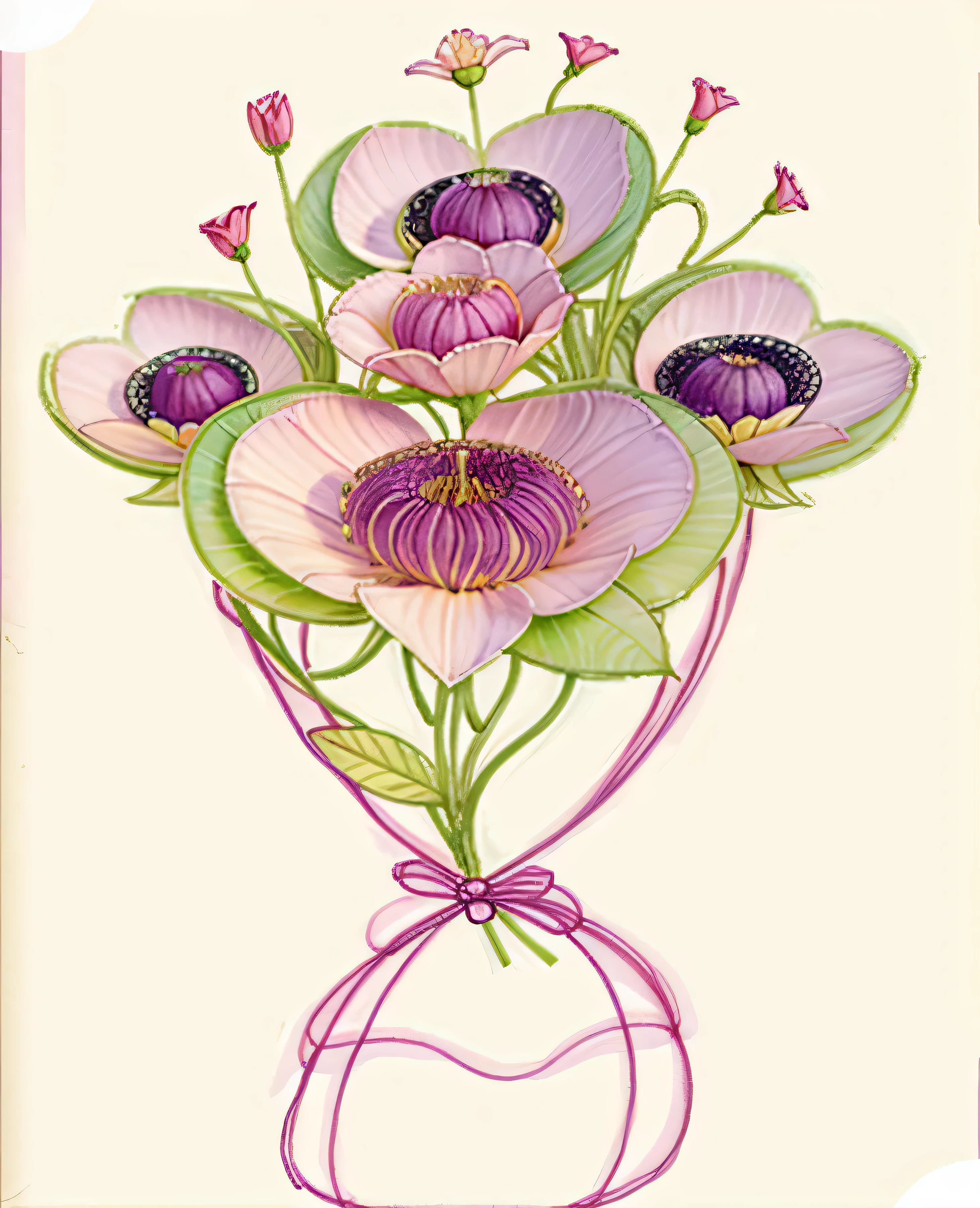 there is a drawing of a ramo of flowers with a pink bow, inspirado en Margaret Macdonald Mackintosh, inspired por Charles Rennie Mackintosh, por Charles Rennie Mackintosh, Art Nouveau alien botanicals, por Cicely Hey, flores mutadas, ramo, Botánicos Art Nouveau, inspirado en Frances MacDonald, floral renewal, art deco flower shaman
