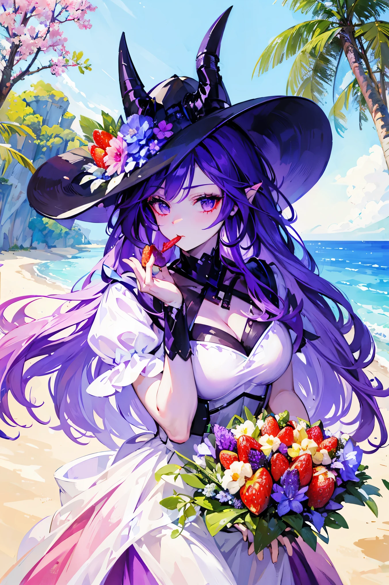 ((masterpiece,best quality)), Lucretia_AFK, purple skin, Darling, beach dress, hat with flowers, eating strawberries on the beach, decorated with flowers, solo, poster style