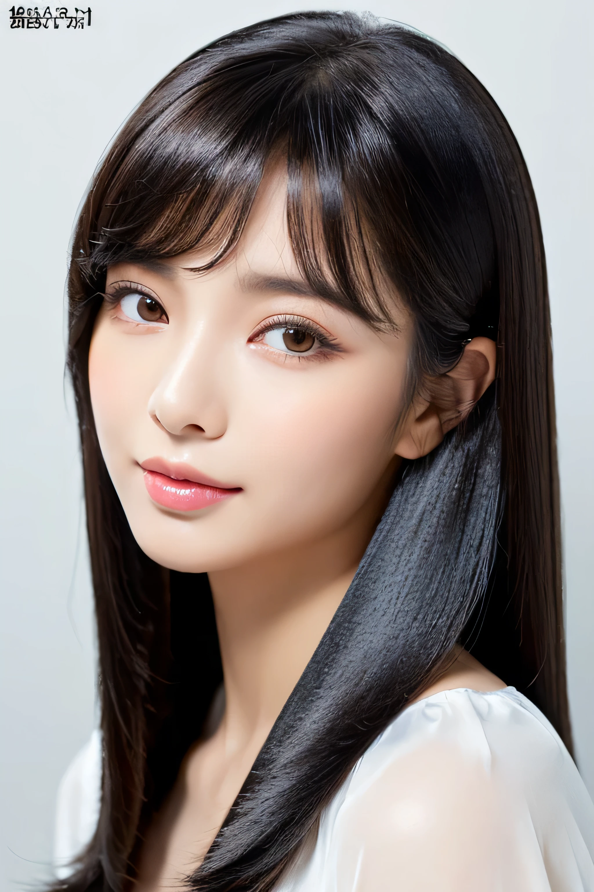 (The background is a pure white wall:1.ID photo number 8) (One of the most beautiful 24-year-old women in Japan) (She looks down on the viewers.) (from above) ((highest quality)), ((masterpiece)), (Familiar) (Get used to it) Perfect Face (Her skin is a typical Japanese skin color..、Very detailed) (Her hair is very Shiny, Shiny, Fine and detailed.、My hair is thick and silky.) (big breasts) (She's wearing a shiny white silk shirt) (Her face is slim and dignified.., Long, narrow eyes..々Nice face) (Her bangs Well-organized) (She has perfect beautiful makeup Lipstick is light red A solid eyeliner) (Her hair is a beautiful black color.) ((Rich 1.4)) (Extremely detailed 8K) (Stable diffusion model) (Ultra-fine skin texture 1.4) (Actual, Vibrant:1.4), double eyelid Sharp focus:1.2、Beautiful woman:1.4 Dynamic Lighting (Genuine RAW photos taken by professional photographers) (Her long bangs, Reaching up to her eyes, Well-organized) (A close-up of the face from the neck up with the whole body facing the viewer) ((Her hair is incredibly straight、Very shiny and silky beautiful、Very detailed, fine, and very thick, jet black medium length hair)) Professionally light her from the front