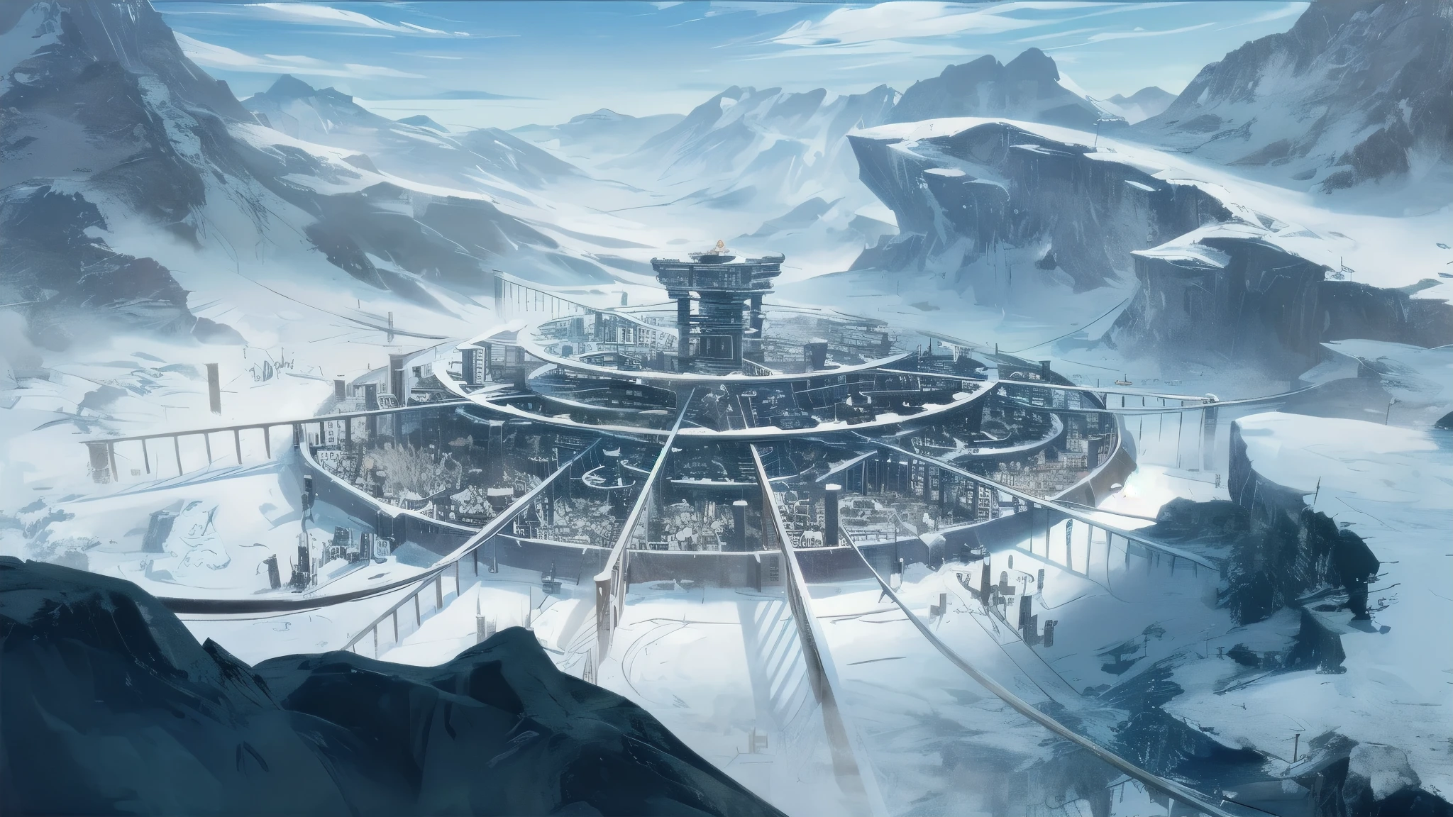 steampunk ice city in the middle of snowy mountains, midgar, blizzard, snow, white, snowy mountians, cold environment, winter concept art, buried in snow, masterpiece, highest quality, Super fine, super fine, 4k, 8K, highest quality, resolution, Super detailed, highest quality, High resolution, dieselpunk city, bioshock infinite art style, urban concept art