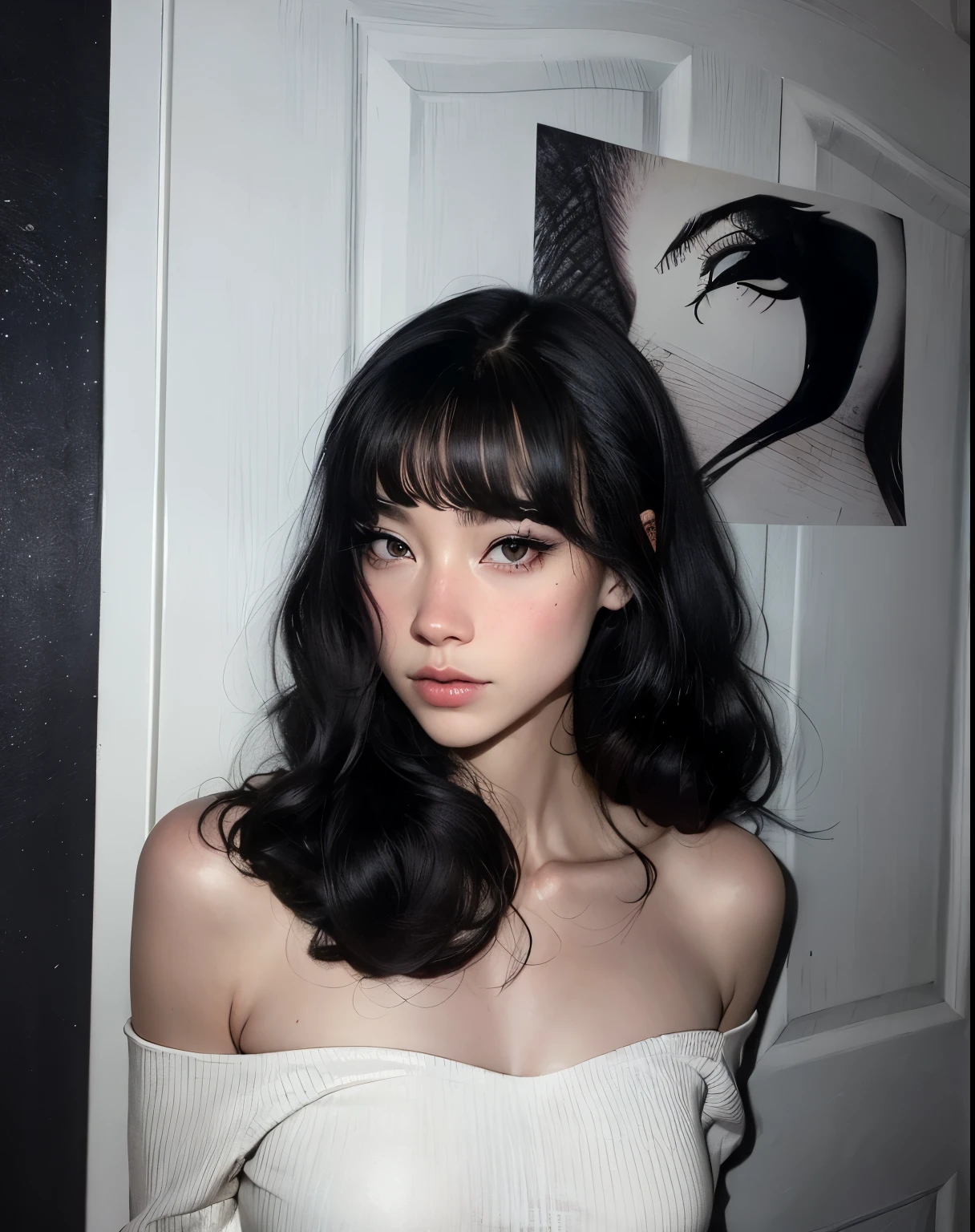 mulher com cabelo preto e um top branco posando para uma foto, cabelo ondulado preto com franja, preto hime corte cabelo, cabelo blackbangs cabelo, cabelo whitebangs cabelo, branco hime corte penteado, Ela tem cabelo preto com franja, franja encaracolado, franja e cabelos ondulados, Ulzzang, cabelo preto ondulado, cabelo preto e franja branca