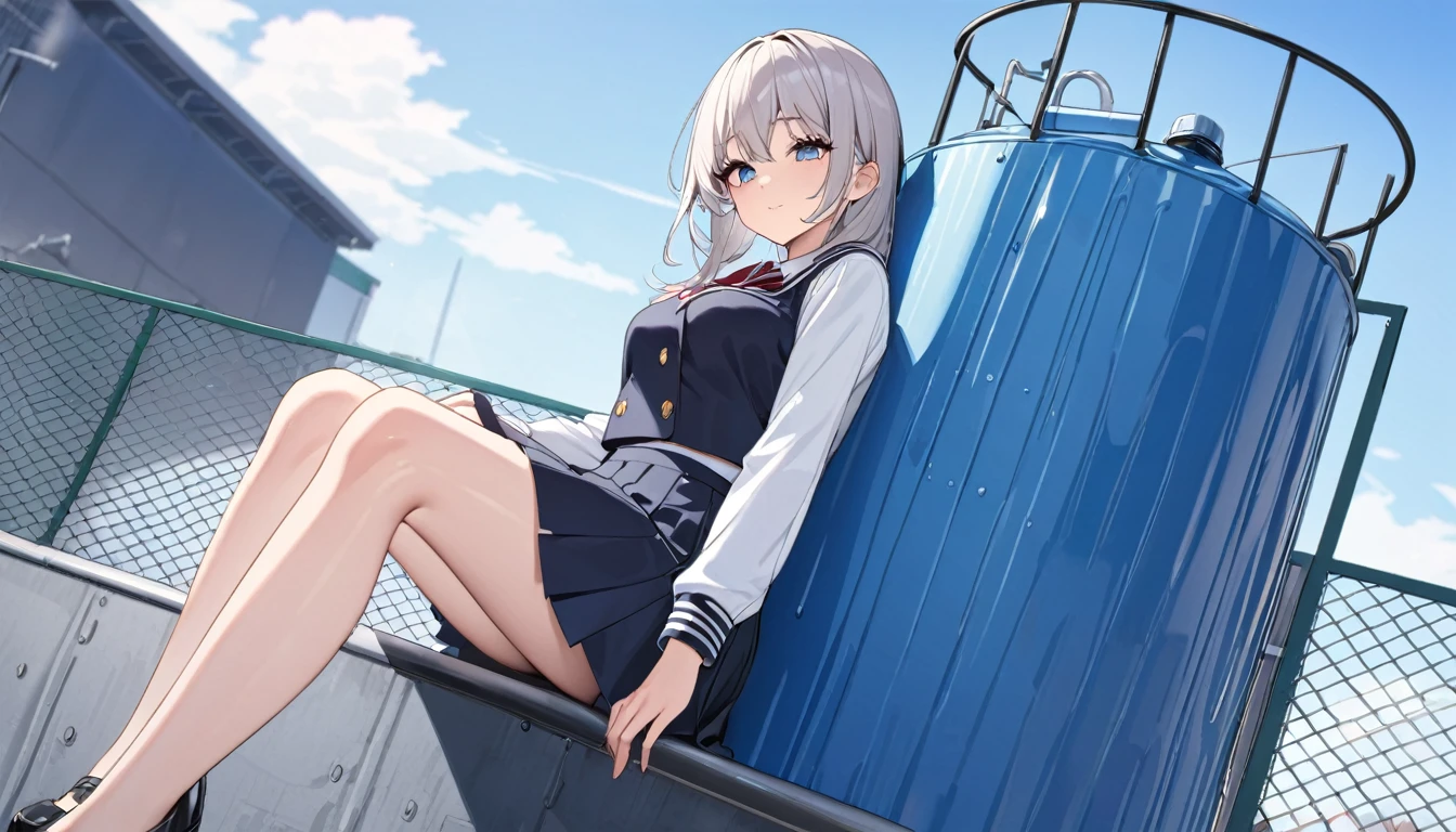 masterpiece, Ultra-high resolution, 8k, high school girl in uniform, Cute face with attention to detail, Beautiful Eyes, School rooftop, Water tank, Looking Down, Full body view, Sitting, fence, blue sky, well-proportioned face, Beautiful background