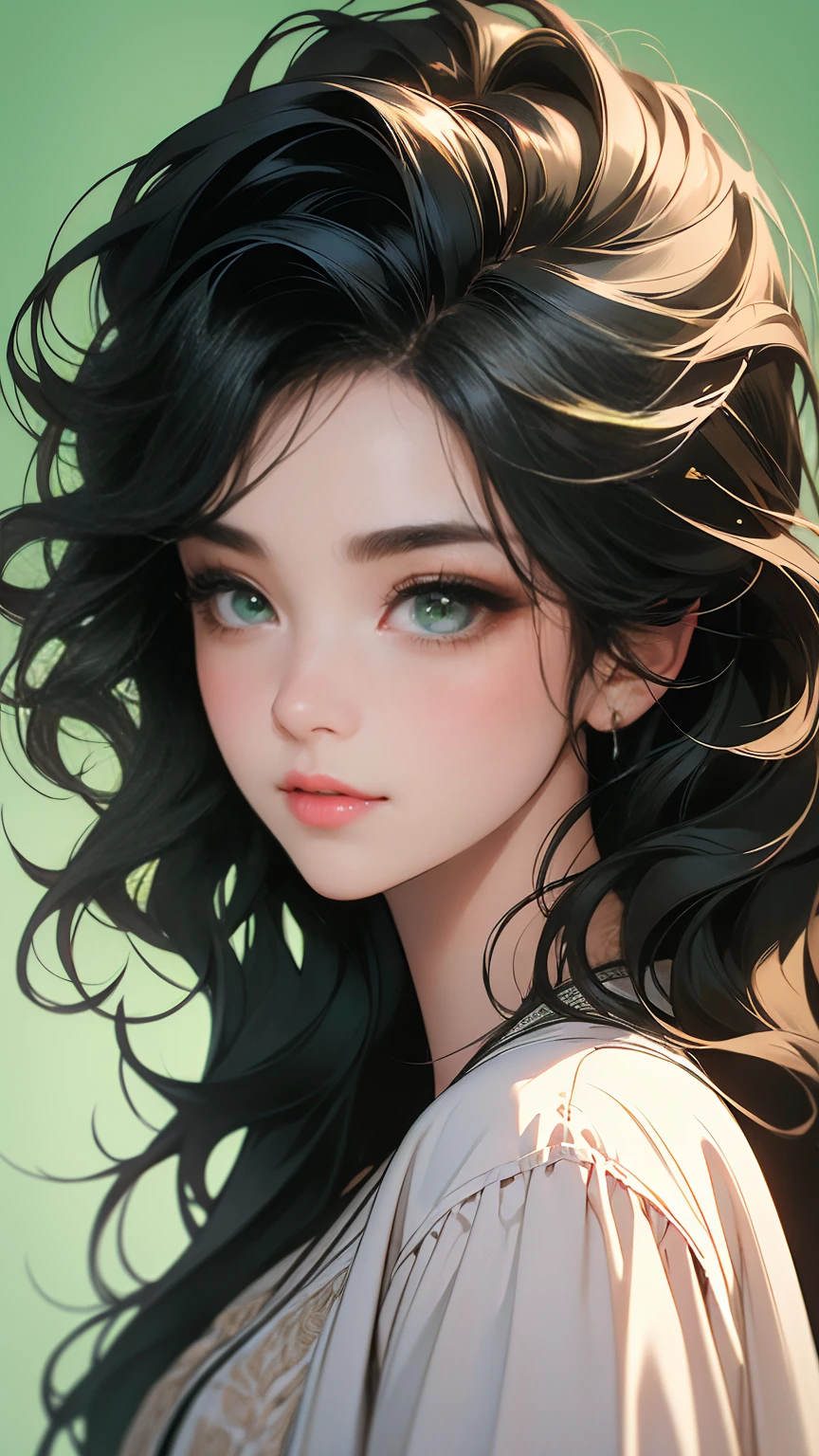 (high quality, masterpiece, absurdity), Portrait of a Young Woman, black hair, Wavy hair, thin eyebrows, Beautiful face, green eyes, slight smile, long dark eyelashes, plump beautiful lips, casual wear, detailed face, Simple background,