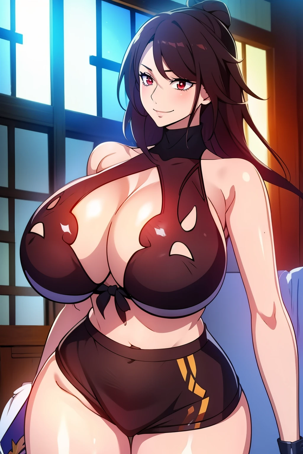 An anime-style artwork depicting Mizuki_Shiranui from the game Honkai star rail.

Tags: Mizuki_Shiranui, anime, detailed eyes, detailed lips, crop top, turtleneck, hotpants, midriff, smiling expression, intense gaze, dynamic pose, indoor, palace, vibrant colors, digital art, high-resolution, professional quality, gigantic breasts, (underboob : 1.4), curvy, cowboy shot, (gigantic breasts: 1.4), (red eyes:1.4)