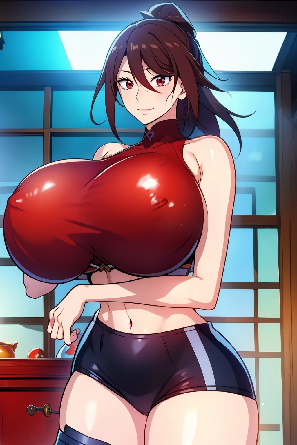 An anime-style artwork depicting Mizuki_Shiranui from the game Honkai star rail.
Tags: Mizuki_Shiranui, anime, detailed eyes, detailed lips, crop top, turtleneck, hotpants, midriff, smiling expression, intense gaze, dynamic pose, indoor, palace, vibrant colors, digital art, high-resolution, professional quality, gigantic breasts, (underboob : 1.4), curvy, cowboy shot, (gigantic breasts: 1.4), (red eyes:1.4)