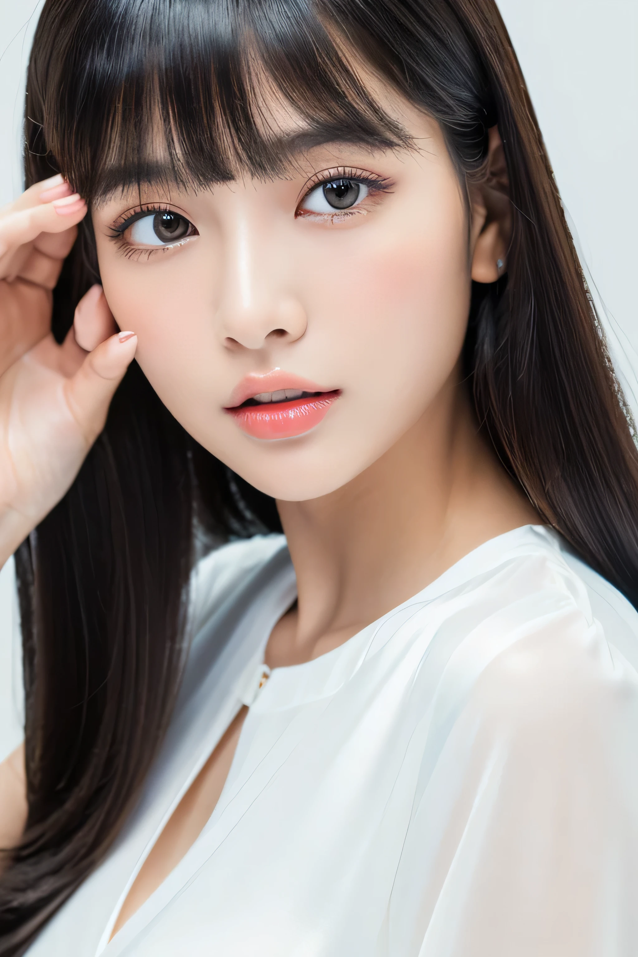 (The background is a pure white wall:1.ID photo number 8)　(One of the most beautiful 24-year-old women in Japan)　(An angry or hostile stare)　((Her hair is incredibly straight、Very shiny and silky beautiful、Very detailed, thin, and very voluminous jet black medium straight hair))　(from above)　((highest quality)), ((masterpiece)), (Familiar)　(Get used to it)　Perfect Face　(Her skin is a typical Japanese skin color..、Very detailed)　　(big breasts)　(She&#39;s wearing a shiny white silk shirt)　(Her face is slim and dignified.., Long, narrow eyes..々Nice face)　(Her bangs Well-organized)　(She has perfect beautiful makeup　Lipstick is light red　A solid eyeliner)　(Her hair is a beautiful black color.)　((Rich 1.4))　(Extremely detailed 8K)　(Stable diffusion model)　(Ultra-fine skin texture 1.4)　(Actual, Vibrant:1.4), double eyelid　Sharp focus:1.2、Beautiful woman:1.4　Dynamic Lighting　(Genuine RAW photos taken by professional photographers)　　(Her long bangs, Reaching up to her eyes, Well-organized)　(Turn your whole body towards the viewer)　Professionally light her from the front