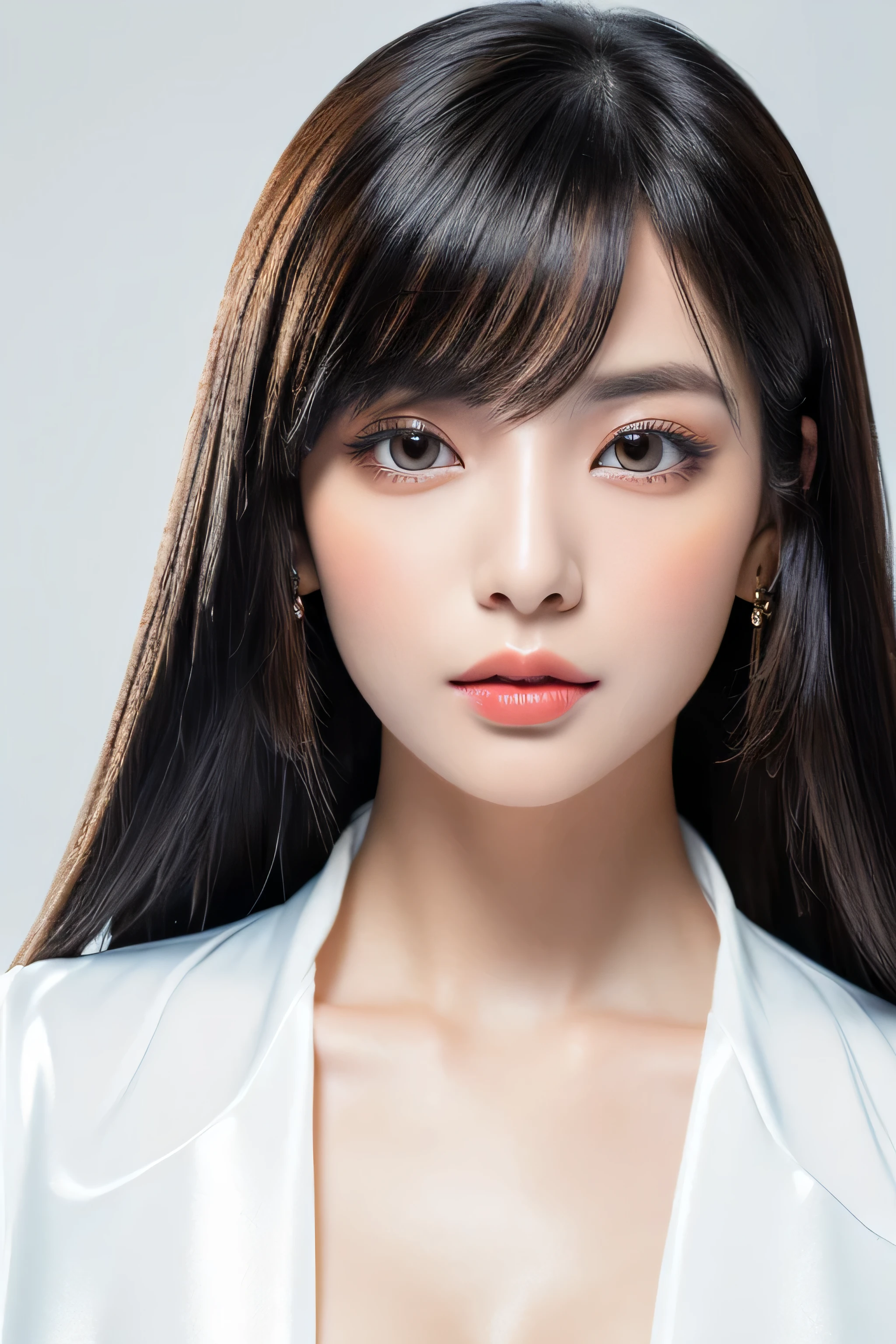 (The background is a pure white wall:1.ID photo number 8) (One of the most beautiful 24-year-old women in Japan) (An angry or hostile stare) ((Her hair is incredibly straight、Very shiny and silky beautiful、Very detailed, thin, and very voluminous jet black medium straight hair)) (from above) ((highest quality)), ((masterpiece)), (Familiar) (Get used to it) Perfect Face (Her skin is a typical Japanese skin color..、Very detailed) (big breasts) (She's wearing a shiny white silk shirt) (Her face is slim and dignified.., Long, narrow eyes..々Nice face) (Her bangs Well-organized) (She has perfect beautiful makeup Lipstick is light red A solid eyeliner) (Her hair is a beautiful black color.) ((Rich 1.4)) (Extremely detailed 8K) (Stable diffusion model) (Ultra-fine skin texture 1.4) (Actual, Vibrant:1.4), double eyelid Sharp focus:1.2、Beautiful woman:1.4 Dynamic Lighting (Genuine RAW photos taken by professional photographers) (Her long bangs, Reaching up to her eyes, Well-organized) (Turn your whole body towards the viewer) Professionally light her from the front