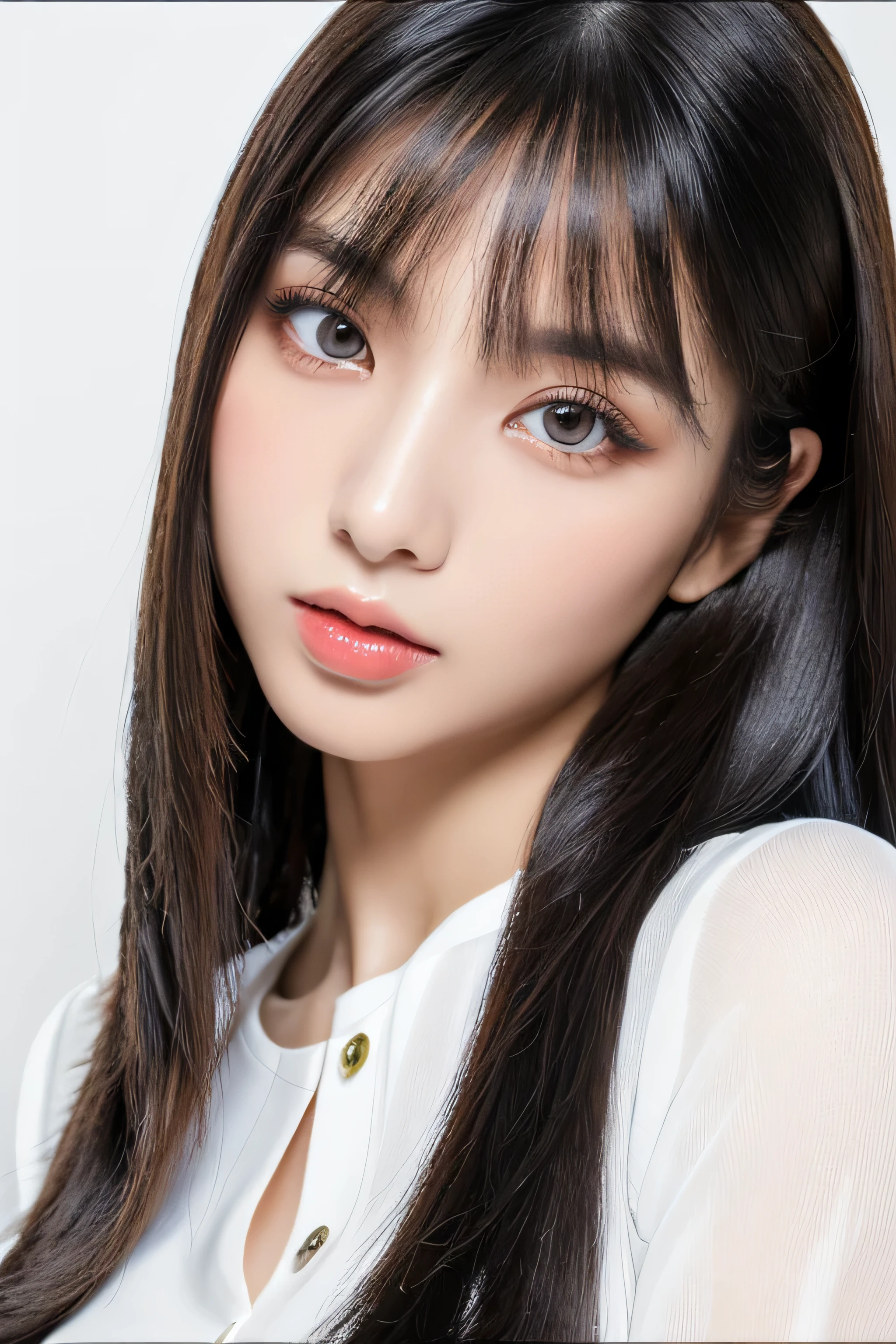 (The background is a pure white wall:1.ID photo number 8)　(One of the most beautiful 24-year-old women in Japan)　(An angry or hostile stare)　((Her hair is incredibly straight、Very shiny and silky beautiful、Very detailed, thin, and very voluminous jet black medium straight hair))　(from above)　((highest quality)), ((masterpiece)), (Familiar)　(Get used to it)　Perfect Face　(Her skin is a typical Japanese skin color..、Very detailed)　　(big breasts)　(She&#39;s wearing a shiny white silk shirt)　(Her face is slim and dignified.., Long, narrow eyes..々Nice face)　(Her bangs Well-organized)　(She has perfect beautiful makeup　Lipstick is light red　A solid eyeliner)　(Her hair is a beautiful black color.)　((Rich 1.4))　(Extremely detailed 8K)　(Stable diffusion model)　(Ultra-fine skin texture 1.4)　(Actual, Vibrant:1.4), double eyelid　Sharp focus:1.2、Beautiful woman:1.4　Dynamic Lighting　(Genuine RAW photos taken by professional photographers)　　(Her long bangs, Reaching up to her eyes, Well-organized)　(Turn your whole body towards the viewer)　Professionally light her from the front