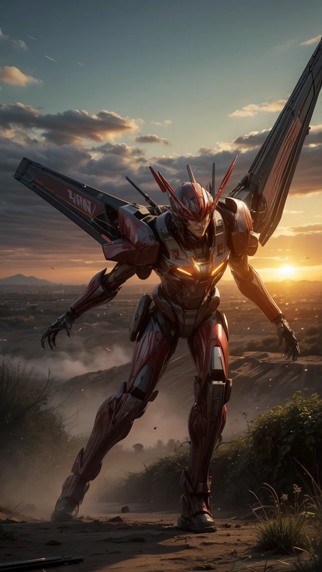 look up perspective,(original photo:1.3),(best quality、8K、Ultra HD resolution:1.1),wasteland,Thick clouds are rotating,smoke,Fierce battle between aircraft in the sky,weed,Dilapidated houses,gravel path,Sunset,Dark Red,((A girl wearing a mecha battle suit stands on a severely damaged、In front of the badly damaged mecha)),((The girl's messy long hair is flying in the wind、Blood、Cleavage)),(嘴角有Blood迹),(Messy long hair flying),(((機甲上濺滿了Blood))),(Mars splash),((Broken upper body mecha,Fallen mecha fragments)),((Slender long legs:1.5)),(The naked wireecha is carefully depicted)),(((Very detailed))),shot at 8k resolution,gasoline liquid,Fire,Missiles streak across the sky,weeds,gravel path,explode,splash art,((dynamic speed line:1.2)),Fine lithography,East(Light Particles:1.2),(game concept:1.3),(Depth of Field:1.3),Global Illumination,Rich in details,Trending on artstation,epic shooting,Movie Lighting,every detail
