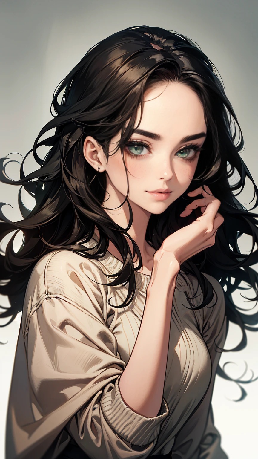 (high quality, masterpiece, absurdity), Portrait of 1 young woman, black hair, Wavy hair, thin eyebrows, Beautiful face, green eyes, slight smile, long dark eyelashes, plump beautiful lips, casual wear, detailed face, Simple background,