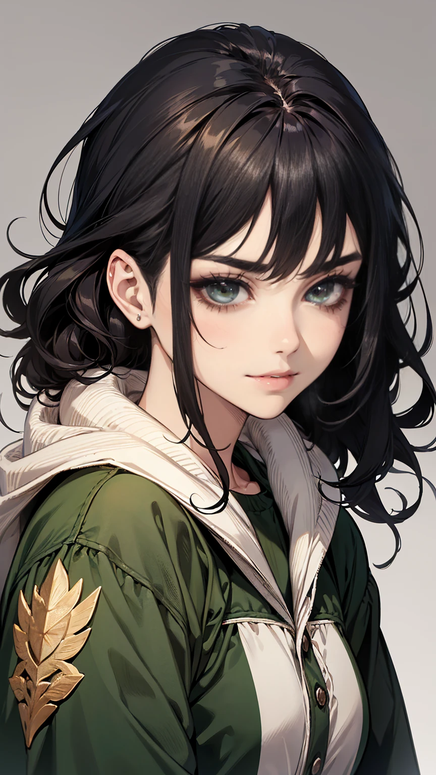 (high quality, masterpiece, absurdity), Portrait of 1 young woman, black hair, Wavy hair, thin eyebrows, Beautiful face, green eyes, slight smile, long dark eyelashes, plump beautiful lips, casual wear, detailed face, Simple background,