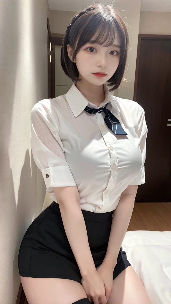 muste piece, best quality, illustration, Super detailed, fine details, High resolution, 8K,wall paper, perfect dynamic composition,(Details High quality, realistic depiction of eyes:1.3), (collared shirt:1.1), pleated skirt, large breasts, short bob hair、black hair color, Big Natural Color Lip, bold sexy pose, crying a little、cold gaze, Harajuku style、20 year old girl、cute type、ta、beautiful legs, hotel room, gravure idol, Voluptuous thighs