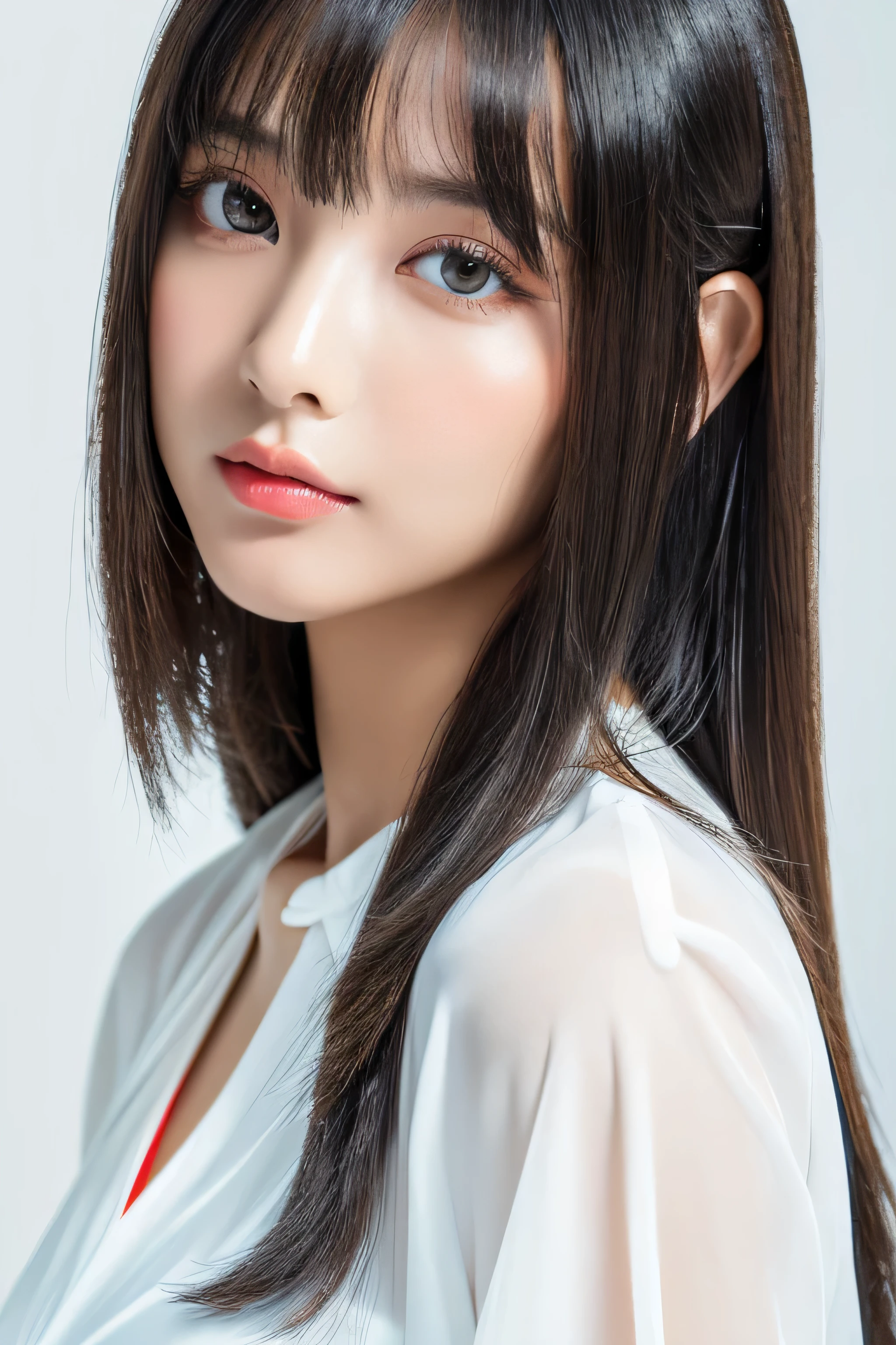 (The background is a pure white wall:1.ID photo number 8)　(One of the most beautiful 24-year-old women in Japan)　(An angry or hostile stare)　((Her hair is incredibly straight、Very shiny and silky beautiful、Very detailed, thin, and very voluminous jet black medium straight hair))　(from above)　((highest quality)), ((masterpiece)), (Familiar)　(Get used to it)　Perfect Face　(Her skin is a typical Japanese skin color..、Very detailed)　　(big breasts)　(She&#39;s wearing a shiny white silk shirt)　(Her face is slim and dignified.., Long, narrow eyes..々Nice face)　(Her bangs Well-organized)　(She has perfect beautiful makeup　Lipstick is light red　A solid eyeliner)　(Her hair is a beautiful black color.)　((Rich 1.4))　(Extremely detailed 8K)　(Stable diffusion model)　(Ultra-fine skin texture 1.4)　(Actual, Vibrant:1.4), double eyelid　Sharp focus:1.2、Beautiful woman:1.4　Dynamic Lighting　(Genuine RAW photos taken by professional photographers)　　(Her long bangs, Reaching up to her eyes, Well-organized)　(Turn your whole body towards the viewer)　Professionally light her from the front