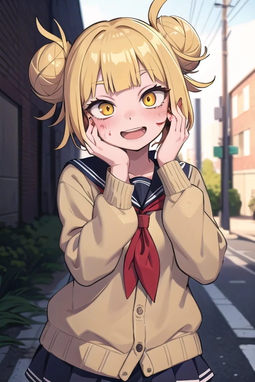 thick outlines, masterpiece, best quality, 1girl, toga himiko, boku no hero academia, crazy eyes, crazy smile, open mouth, yandere, blonde hair, double bun, glowing yellow eyes, hands on own face, shaded face, portrait, serafuku, cardigan, red neckerchief, blood splatter, dark alley, outdoors, rim lighting, fog,