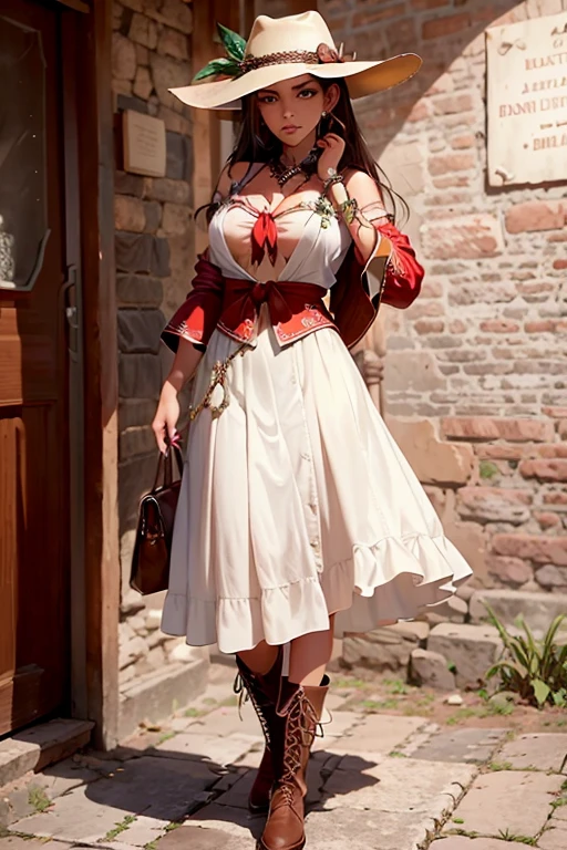 Imagine a fearless young woman from Rio Grande do Sul, chamada Isadora 'Estrela Crioula' Oliveira, pronta para enfrentar as trevas do Pampa durante a noite. She is dressed in a stylish gaucho-themed outfit., combinando elementos tradicionais com detalhes modernos. Your white cotton shirt has embroidered details in a peasant style., with puffed sleeves and tie at the waist. Um colete de couro marrom escuro, decorado com franjas e entalhes, complementa o visual, enquanto uma saia longa preta, feita de tecido leve, apresenta detalhes de renda e babados na barra. She wears brown leather boots and a wide-brimmed hat., adornado com uma pena de corvo. Um cinto largo de couro com fivela decorativa e bolsas para itens essenciais completa o conjunto. She carries an elegant sword at her waist and a red silk scarf is tied around her neck.