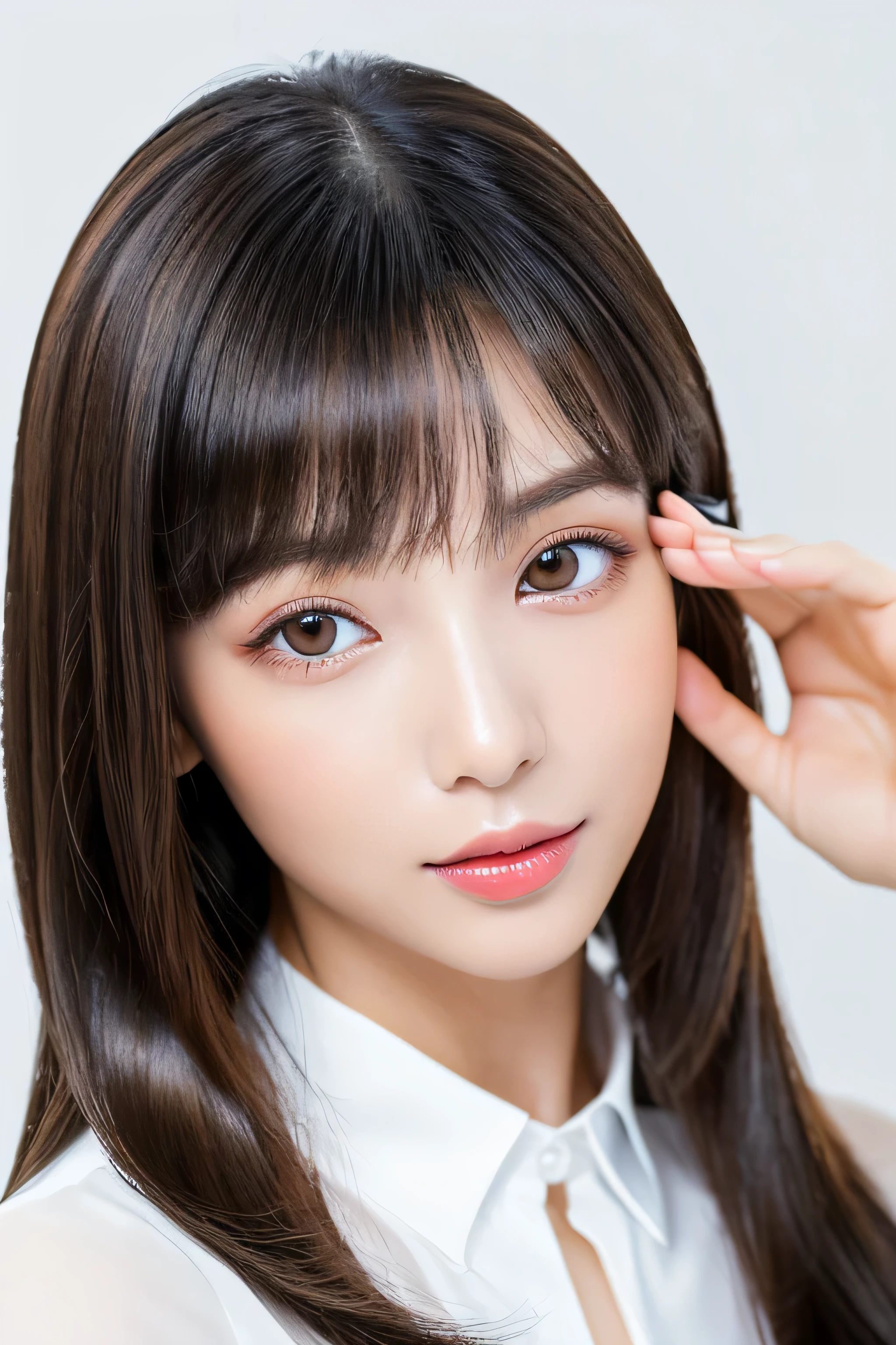 (The background is a pure white wall:1.ID photo number 8) (One of the most beautiful 24-year-old women in Japan) (Very happy expression) ((Her hair is incredibly straight、Very shiny and silky beautiful、Very detailed, fine, and very voluminous, jet black, shoulder-length hair.)) (from above) ((highest quality)), ((masterpiece)), (Familiar) (Get used to it) Perfect Face (Her skin is a typical Japanese skin color..、Very detailed) (big breasts) (She's wearing a shiny white silk shirt) (Her face is slim and dignified.., Long, narrow eyes..々Nice face) (Her bangs Well-organized) (She has perfect beautiful makeup Lipstick is light red A solid eyeliner) (Her hair is a beautiful black color.) ((Rich 1.4)) (Extremely detailed 8K) (Stable diffusion model) (Ultra-fine skin texture 1.4) (Actual, Vibrant:1.4), double eyelid Sharp focus:1.2、Beautiful woman:1.4 Dynamic Lighting (Genuine RAW photos taken by professional photographers) (Her long bangs, Reaching up to her eyes, Well-organized) (Turn your whole body towards the viewer) Professionally light her from the front