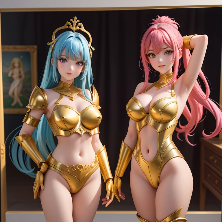 deux femmes, 25 ans, manga, cheveux longs, cheveux de couleur noir et cheveux de couleur blanche, armure d'or, very d armor&carved, gravures, gemini armor, saint seiya, zodiaque, cosmos, Gemini, casque avec deux visages, chevalier du zodiaque, dans un Grèce antique, temple antique, armure jumelles, jumeaux, demonic twins, sexy