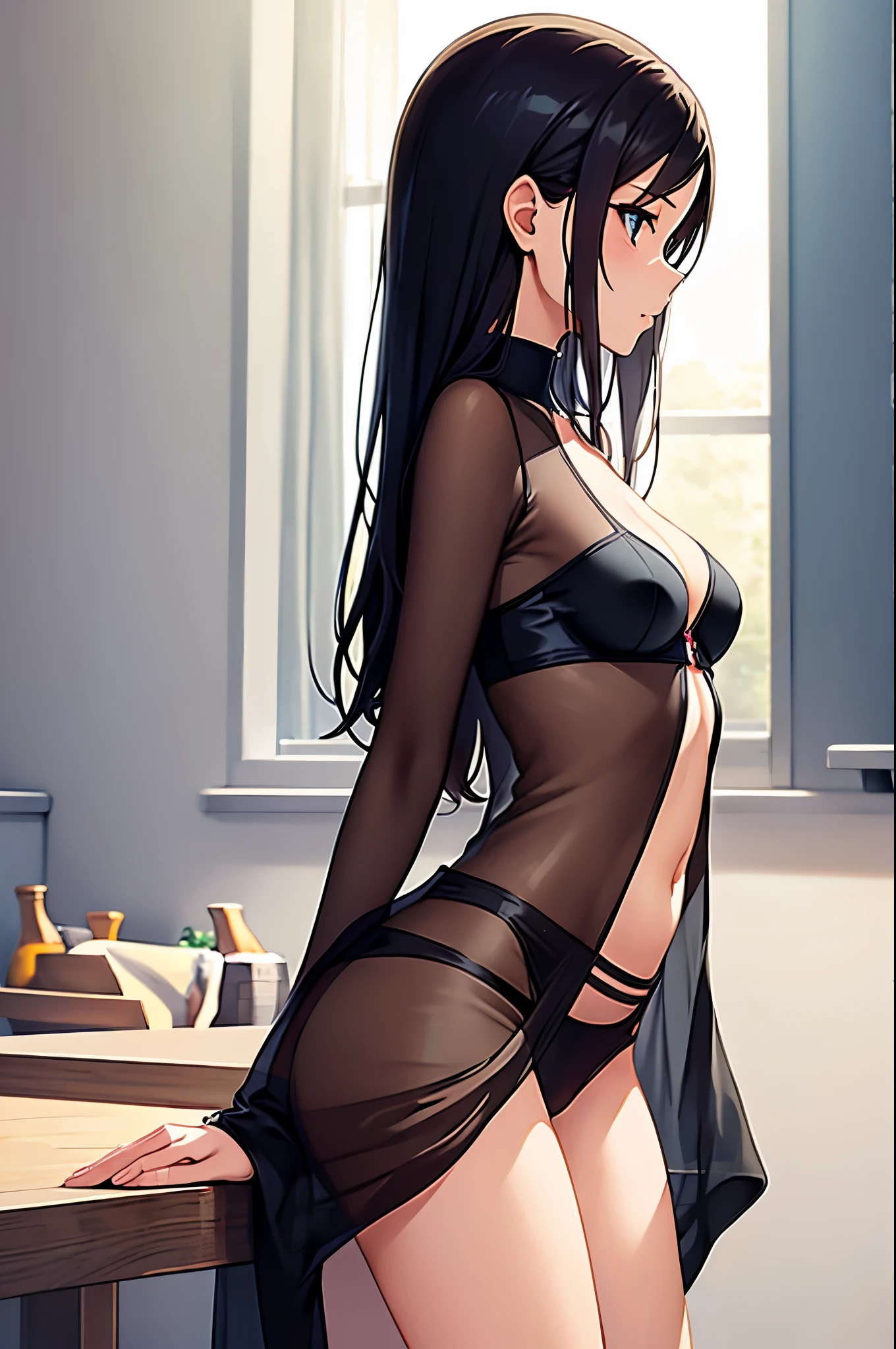 a sexy woman, (best quality), (masterpiece), (1girl), slim, anime, tall, (flat chested), (see through clothes), (profile view), (protrait)