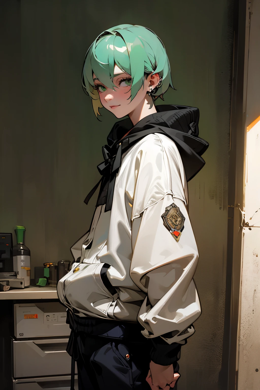 Masterpiece, Best quality, Realistic, 1 man, handsome, tall, detailed green eyes, sharp eyes, ((neon hair)), Black hoodie, Ear piercings, dark bedroom, Clutter in the room, lots of details, ((masculine)), strong, slight smile, silver earrings, dtalesized light background, detailed lighting, highlights, (Sakimical Frank Franchetta, Heise Jinyao)