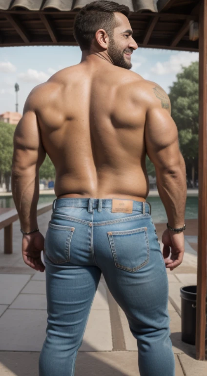 hombre musculoso salvaje, Big muscular body, Big Bubble butt, full body, 40 years old, hombros grandes, musculatura, rastrojos, barba corta, ojos bonitos, (cara detallada), Usando lentes, smiles, (mejor calidad, A high resolution, fotorrealista), detalles intrincados, hdr, cuerpo completo, Bubble butt, jeans backside 