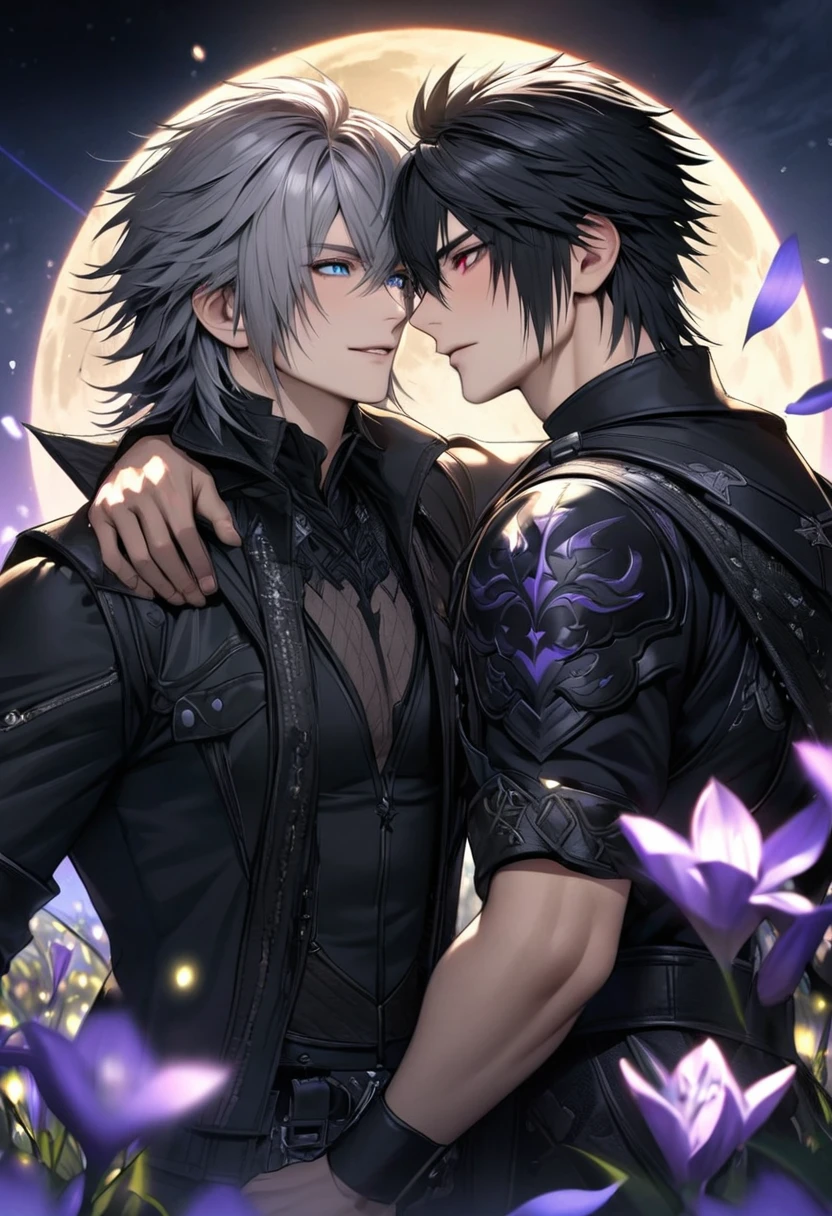 absurdres, highres, ultra detailed, HDR, masterpiece, extremely detailed face and eyes, Riku, spiky grey hair, heterochromia, left eye red, right eye blue, Final Fantasy xv, Noctis Lucis Caelum, black hair, expressive blue eyes, 2men together, gay couple, handsome, white fantasy clothes, moon, purple lilies, purple lightning, fireflies, petals