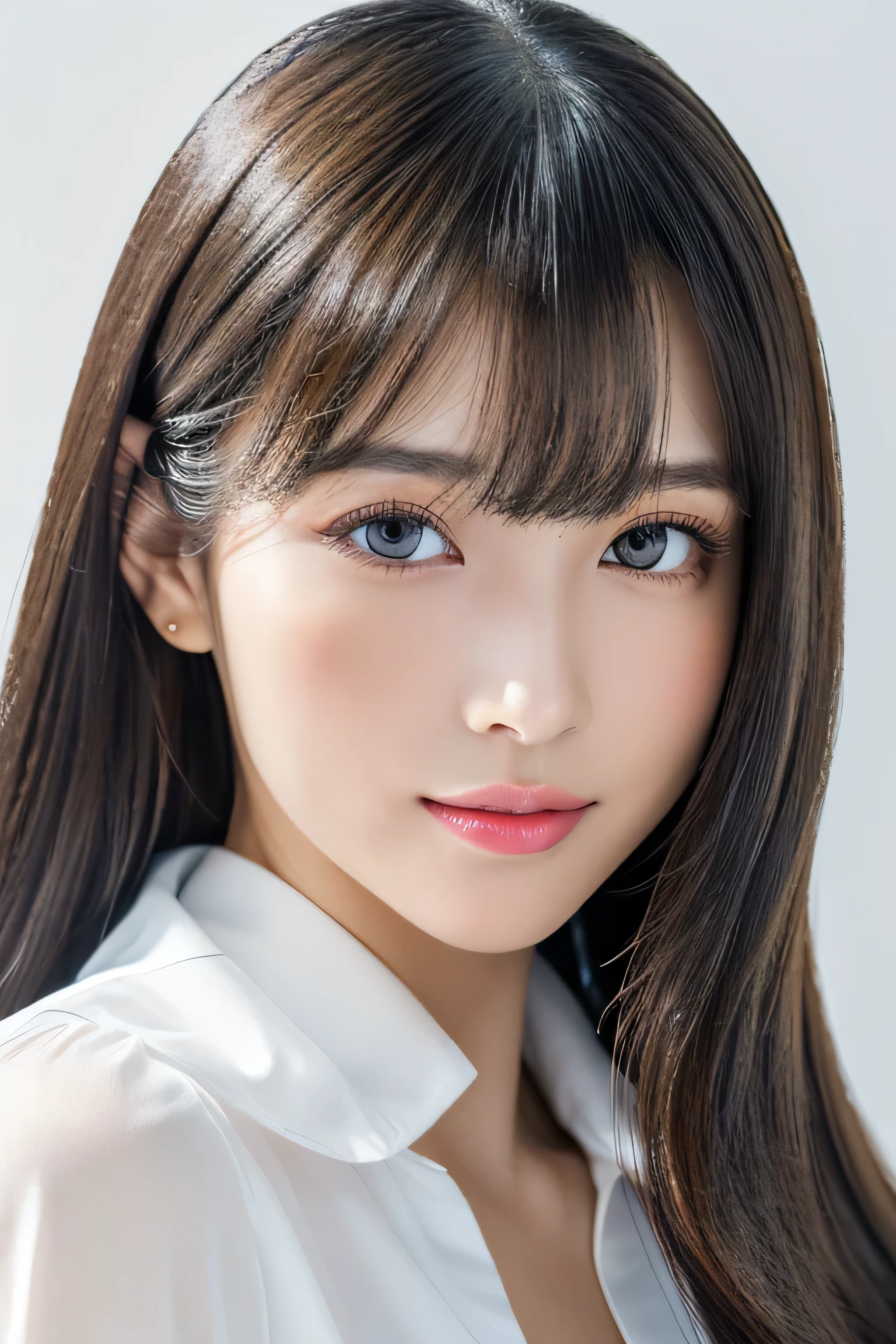 (The background is a pure white wall:1.ID photo number 8) (One of the most beautiful 24-year-old women in Japan) (Very happy expression) ((Her hair is incredibly straight、Very shiny and silky beautiful、Very detailed, fine, and very voluminous, jet black, shoulder-length hair.)) (from above) ((highest quality)), ((masterpiece)), (Familiar) (Get used to it) Perfect Face (Her skin is a typical Japanese skin color..、Very detailed) (big breasts) (She's wearing a shiny white silk shirt) (Her face is slim and dignified.., Long, narrow eyes..々Nice face) (Her bangs Well-organized) (She has perfect beautiful makeup Lipstick is light red A solid eyeliner) (Her hair is a beautiful black color.) ((Rich 1.4)) (Extremely detailed 8K) (Stable diffusion model) (Ultra-fine skin texture 1.4) (Actual, Vibrant:1.4), double eyelid Sharp focus:1.2、Beautiful woman:1.4 Dynamic Lighting (Genuine RAW photos taken by professional photographers) (Her long bangs, Reaching up to her eyes, Well-organized) (Turn your whole body towards the viewer) Professionally light her from the front