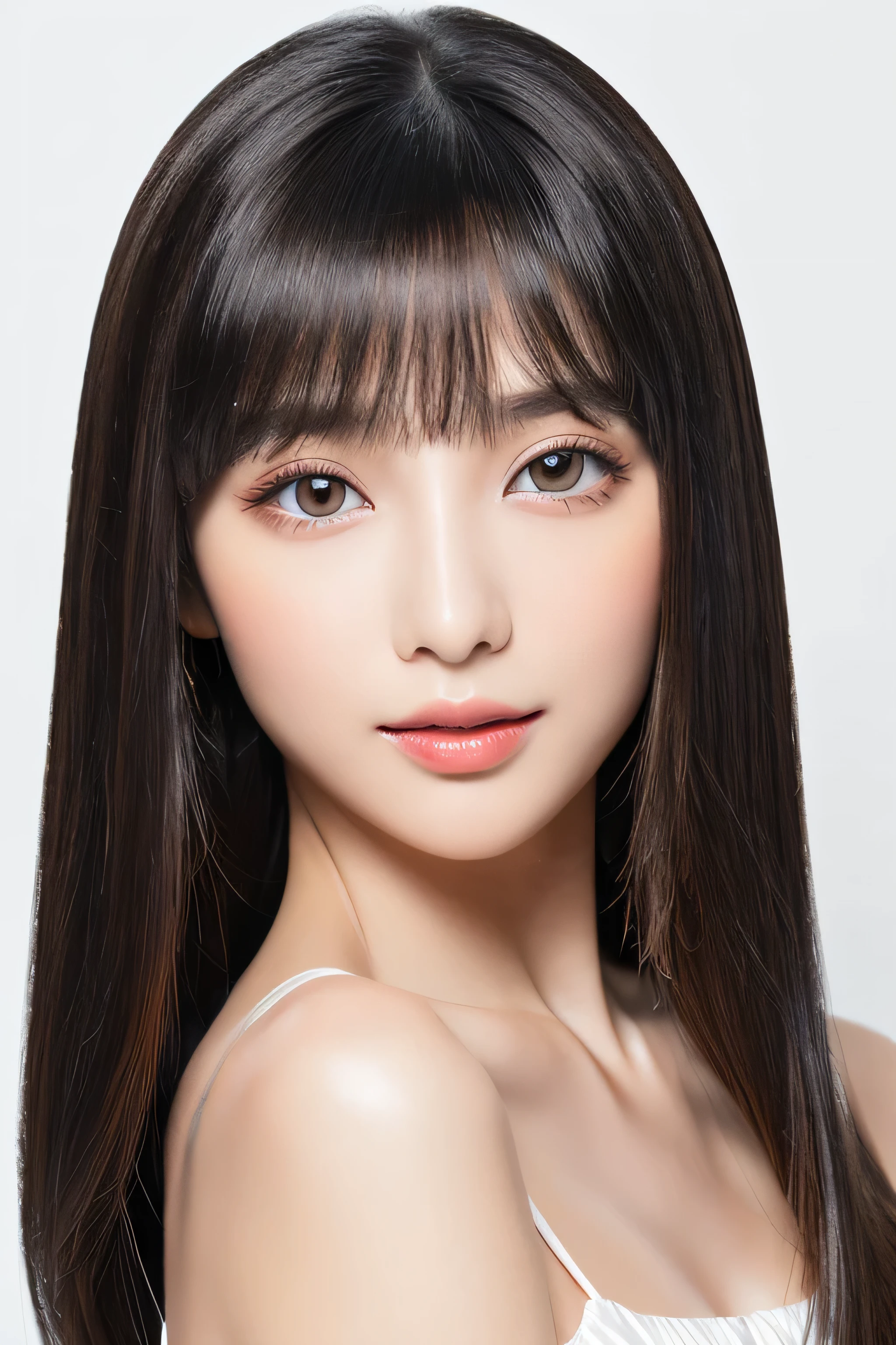 (The background is a pure white wall:1.ID photo number 8) (One of the most beautiful 24-year-old women in Japan) (Very happy expression) ((Her hair is incredibly straight、Very shiny and silky beautiful、Very detailed, fine, and very voluminous, jet black, shoulder-length hair.)) (from above) ((highest quality)), ((masterpiece)), (Familiar) (Get used to it) Perfect Face (Her skin is a typical Japanese skin color..、Very detailed) (big breasts) (She's wearing a shiny white silk shirt) (Her face is slim and dignified.., Long, narrow eyes..々Nice face) (Her bangs Well-organized) (She has perfect beautiful makeup Lipstick is light red A solid eyeliner) (Her hair is a beautiful black color.) ((Rich 1.4)) (Extremely detailed 8K) (Stable diffusion model) (Ultra-fine skin texture 1.4) (Actual, Vibrant:1.4), double eyelid Sharp focus:1.2、Beautiful woman:1.4 Dynamic Lighting (Genuine RAW photos taken by professional photographers) (Her long bangs, Reaching up to her eyes, Well-organized) (Turn your whole body towards the viewer) Professionally light her from the front