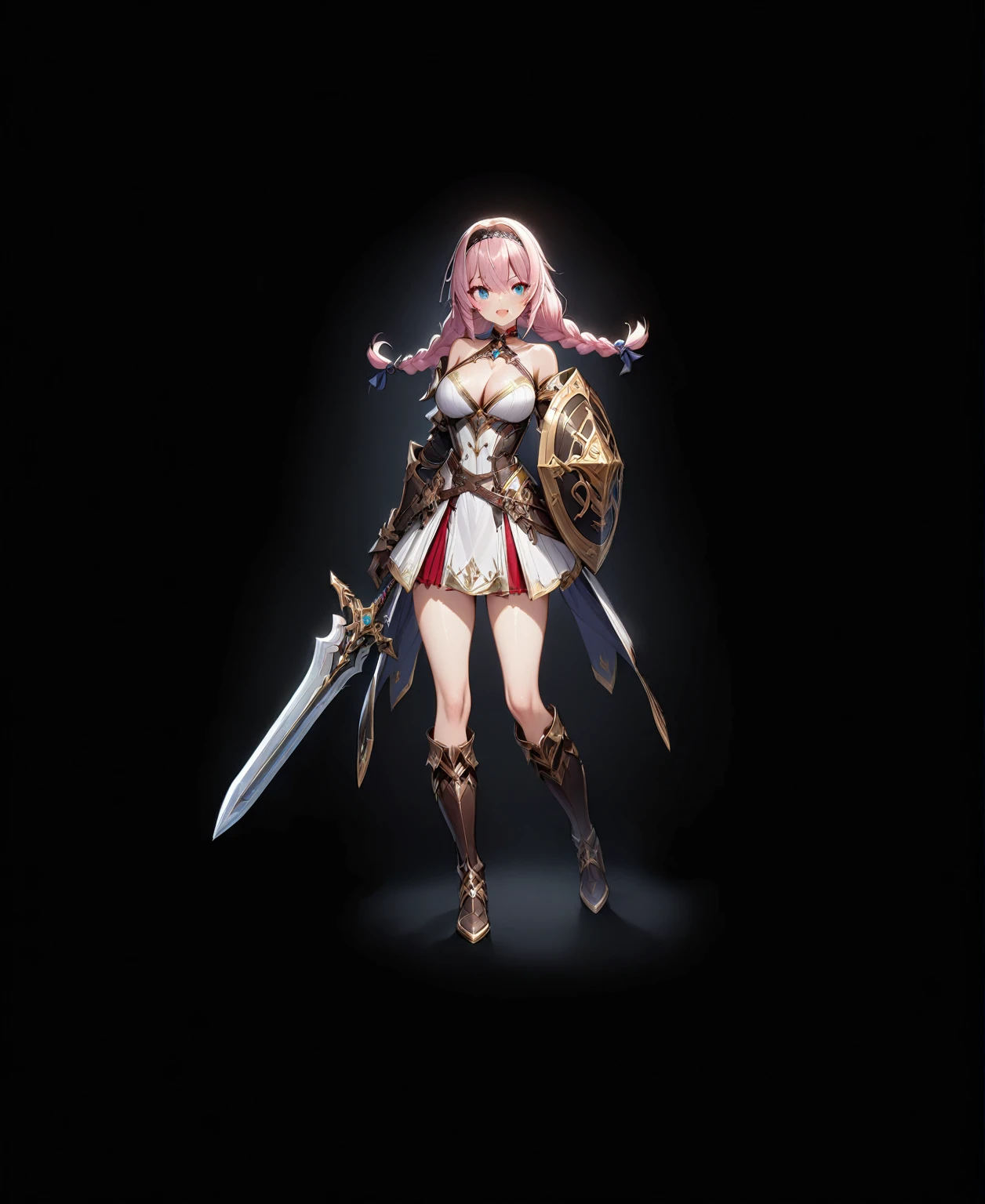 masterpiece, best quality, 1girl, weapon, solo, sword, blue-eyes, long-hair, braid, boots, shield, pink-hair, breasts, twin-braids, smile, open-mouth, cleavage, black-background, choker, large-breasts, full-body, bare-shoulders, looking-at-viewer, simple-background, hairband, blush, armor, gloves, dress, knee-boots, medium-breasts, standing, Perfect face