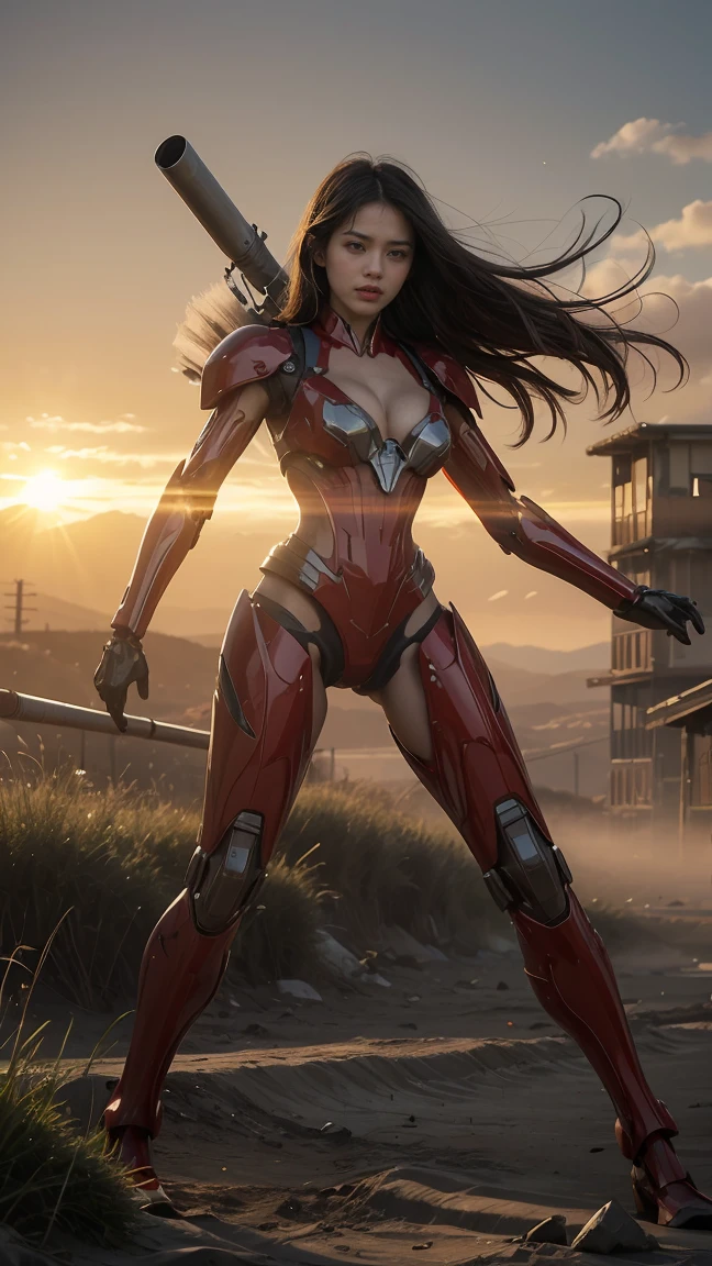 look up perspective，（original photo：1.3），（best quality、8K、Ultra HD resolution：1.1），wasteland，Thick clouds are rotating，smoke，Fierce battle between aircraft in the sky，weed，Dilapidated houses，gravel path，Sunset，Dark Red，（（A girl wearing a mecha battle suit stands on a severely damaged、In front of the badly damaged mecha）），（（The girl&#39;s messy long hair is flying in the wind、Blood、Cleavage）），（嘴角有Blood迹），（Messy long hair flying），（（（機甲上濺滿了Blood））），（Mars splash），（（Broken upper body mecha，Fallen mecha fragments）），（（Slender long legs：1.5）），（The naked wireecha is carefully depicted）），（（（Very detailed））），shot at 8k resolution，gasoline liquid，Fire，Missiles streak across the sky，weeds，gravel path，explode，splash art，（（dynamic speed line：1.2）），Fine lithography，East（Light Particles：1.2），（game concept：1.3），（Depth of Field:1.3),Global Illumination,Rich in details，Trending on artstation，epic shooting，Movie Lighting，every detail