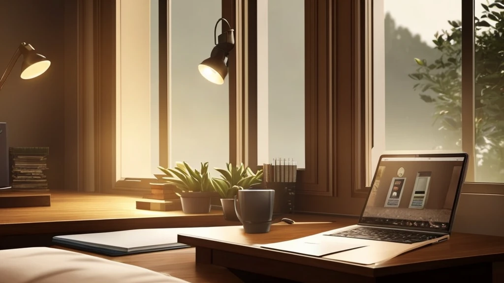 there is a laptop on a desk in a room with lights, warmly lit posh study, cozy environment, cozy atmosphere, cozy lights, cozy atmospheric, home office, cozy setting, cozy place, mysterious ambient lighting, studyng in bedroom, cosy vibes, cozy lighting, comfy ambience, cozy aesthetic, cozy room, ambient lighting at night, dark setup