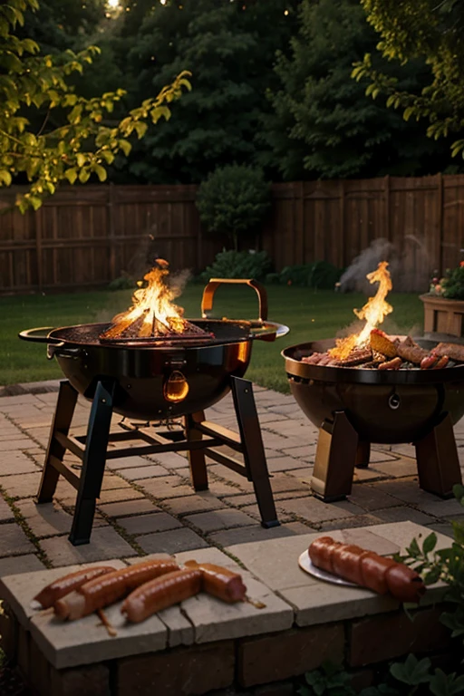 barbecue with fire and smoke; garden; sausages