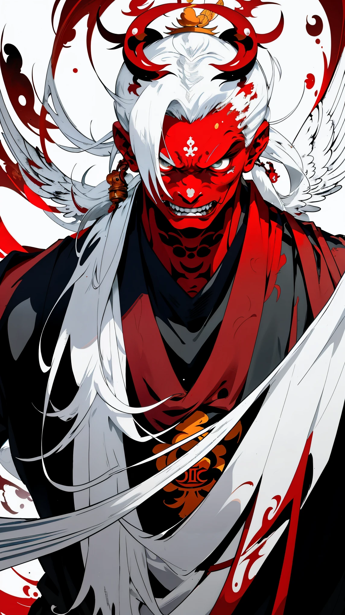 Imposing and terrifying alien tengu, it is 3 meters tall, has red-hot skin, long white hair, angelic white feather wings, and is adorned with a Buddhist monk's outfit, volatile, aggressive and ruthless.