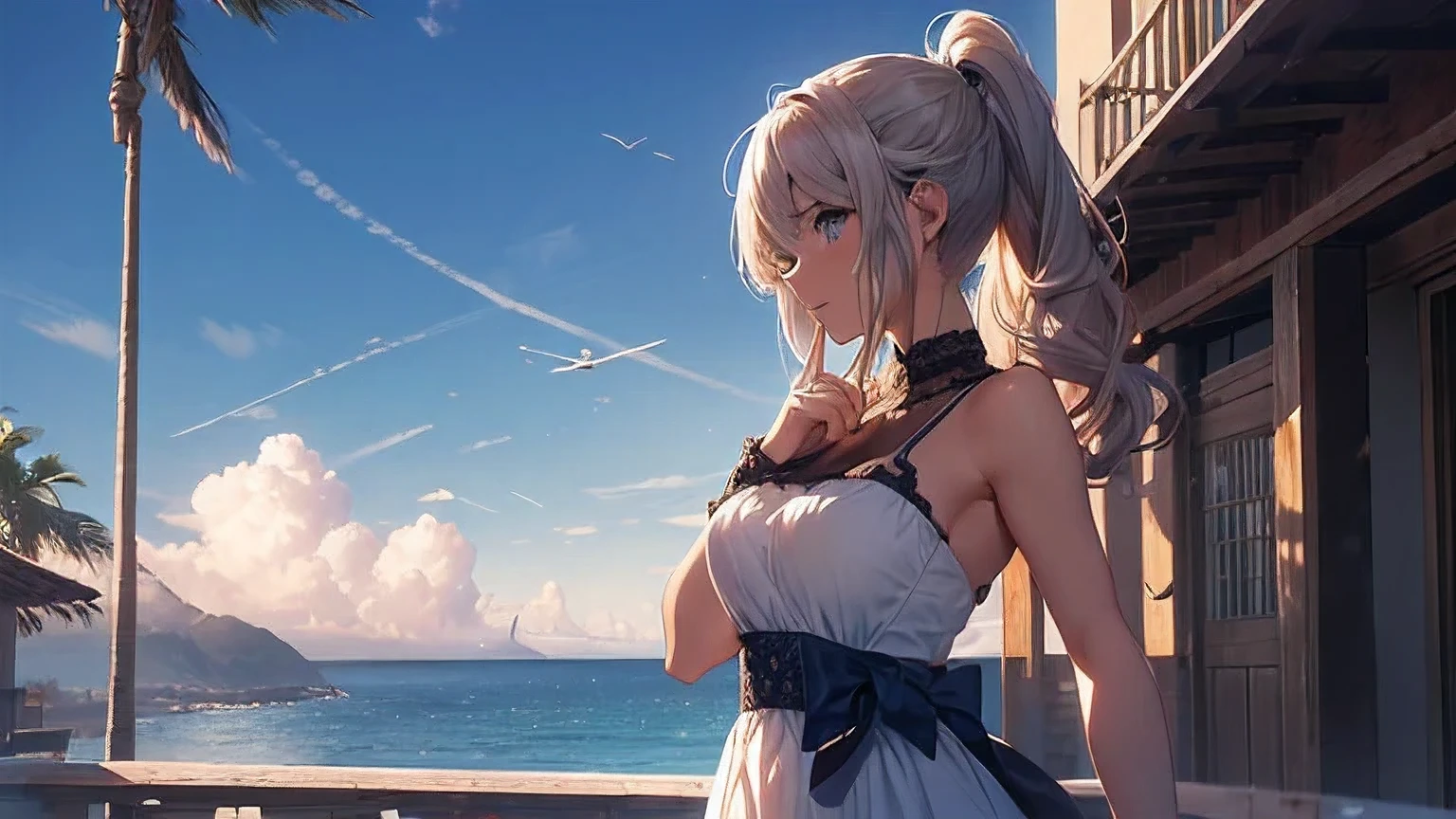(8k, RAW foto, mejor calidad, (Obra maestra, super high quality, super detailed), anime style paisaje, chica joven, Absoluto, velas escarlatas, girl looking at the sea from the coast, camera looking at the sea, detalles intrincados, sailing ship with velas escarlatas, Una escena de una novela de Alexander Greene. "velas escarlatas" imagen de medio cuerpo, A beautiful women posing for a photograph in an alley, brown ponytail, golpes, risa feliz, blue eyes, Cuerpo magro musculoso, perfect anatomy, Looking to the camera, Time of the day, cielo azul, estilo animado, al aire libre, tendencia en artstation, Oh!, sakimichan muy sensual, con ropa original cuerpo entero, muy realista, extremadamente realista, extremadamente sexy, 8k, 8k extremadamente detallado), (un extremadamente delicado y hermoso), (obra maestra), (mejor calidad: 1.0), (ultra high resolution:1.0)