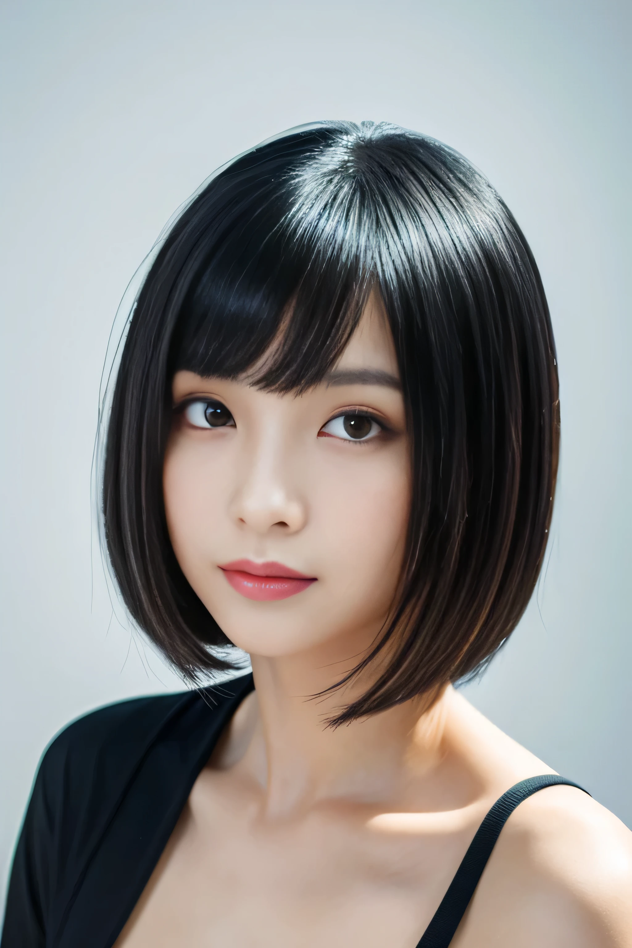 (The background is a pure white wall:1.Close-up of 8 from the neck up) (One of the most beautiful 24-year-old women in Japan) (Staring at the viewer with a very happy expression) ((Her hair is incredibly straight、Very shiny and silky beautiful、A jet black bob cut with a lot of detail, fine hair, and a lot of volume.)) (from above) ((highest quality)), ((masterpiece)), (Familiar) (Get used to it) Perfect Face (Her skin is a typical Japanese skin color..、Very detailed) (big breasts) (She's wearing a shiny white silk shirt) (She has a beautiful face with slender, narrow eyes.) (Her bangs Well-organized) (She has perfect beautiful makeup Lipstick is light red A solid eyeliner) ((Rich 1.4)) (Extremely detailed 8K) (Stable diffusion model) (Ultra-fine skin texture 1.4) (Actual, Vibrant:1.4), double eyelid Sharp focus:1.2、Beautiful woman:1.4 Dynamic Lighting (Genuine RAW photos taken by professional photographers) (Her long bangs, Reaching up to her eyes, Well-organized) (Turn your whole body towards the viewer) Professionally light her from the front (Her hair color is pitch black) (Her hair color is pitch black) (Her hair color is pitch black)