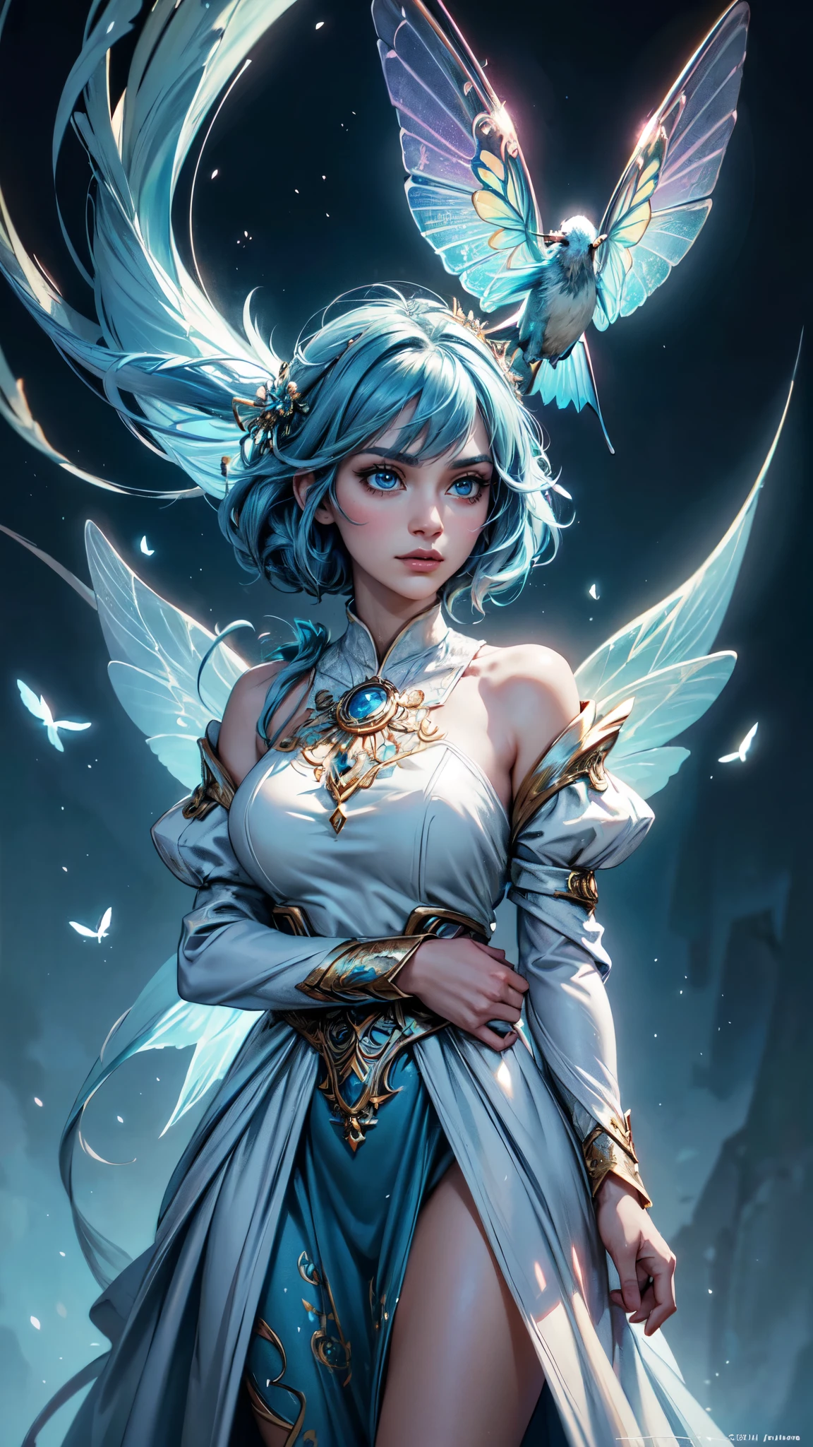 (((Masterpiece))), (((Best quality))), ((Ultra-detailed)),(Highly detailed CG illustration), ((An extremely delicate and beautiful)),Cinematic light, Create stunning fantasy artwork,Imitate the style of the currently popular genre masters. The artwork should contain elements of mythological fantasy and fairy tale fantasy,And with a colorful accent. ((Various shades of blue and watercolor pastels are used as the main color scheme.)) The character in the work is a delicate but strong character,Exudes an aura of mystery and magic. Pay close attention to intricate facial features, For example, captivating eyes with bright colors and bold shadows. The character's clothes should be designed with gossamer feathers, Silk, Amazing embroidery, and subtle iridescent details. Blend in dreamy colors, Dynamic lighting, and detailed background elements,Create a sense of awe and immersion. These include colorful flying magical birds and jewel-hued butterflies that exude magical halos. Consider the latest trends in fantasy art, such as incorporating unique lighting effects, Explore dynamic and compelling compositional techniques, And try a unique color palette. Take inspiration from top artists on ArtStation and Midjourney. camera: Choose an angle that highlights the beauty of the characters and enhances the magical majesty of the artwork. lighting: Create depth and atmosphere with atmospheric lighting technology. Resolution: Aim for high-resolution artwork,to showcase intricate detail and clarity. Artistic inspiration: Get inspiration from popular artists on ArtStation, Explore different styles, genre, and the theme