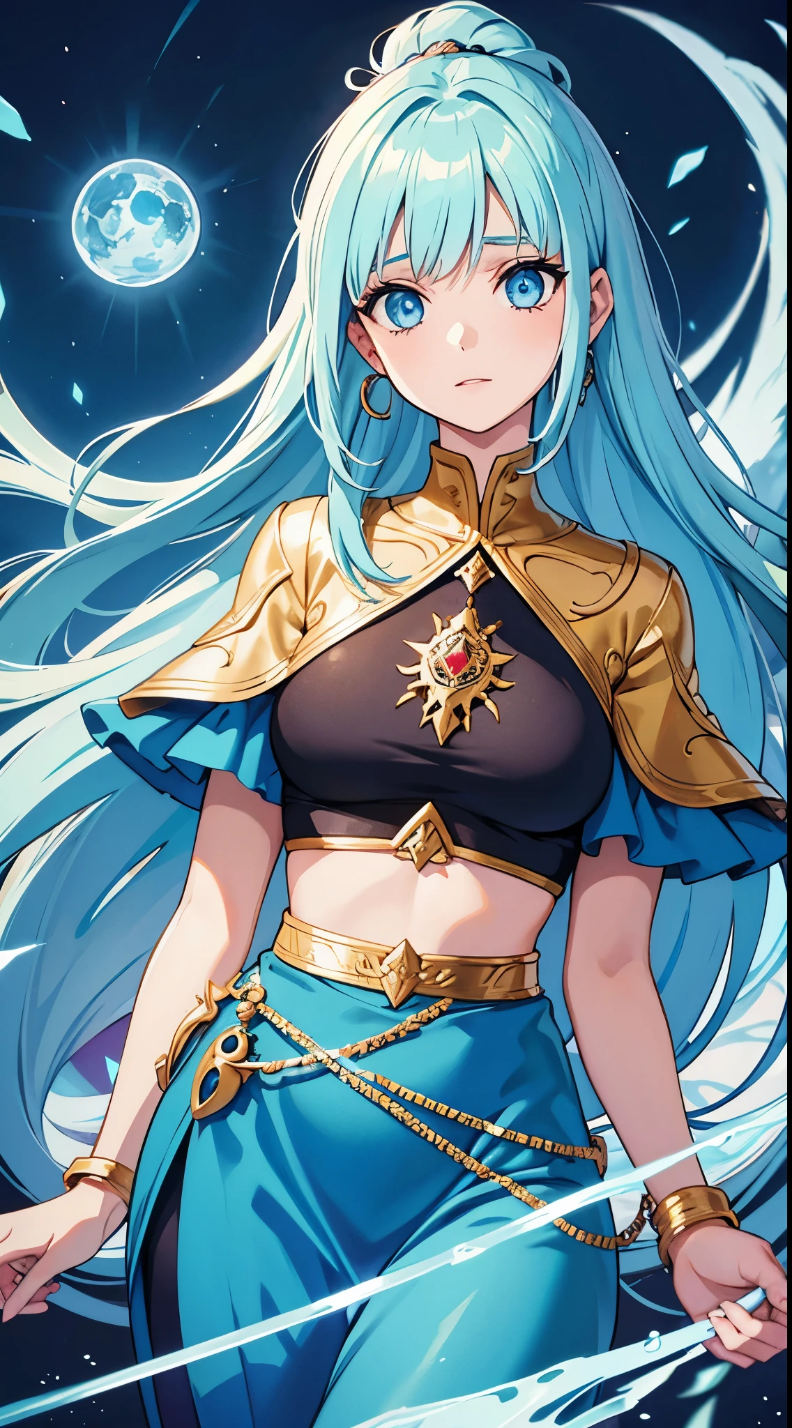 Uma elfa com cabelo azul, olho vermelho, Wearing a tree earring, Vestindo uma blusa suada, Fundo da cidade em chamas, Nervoso Emotion mood, Nervoso, Ice Greatsword Spell, olhos detalhados, rosto detalhado,Muito detalhado, alto detalhe.