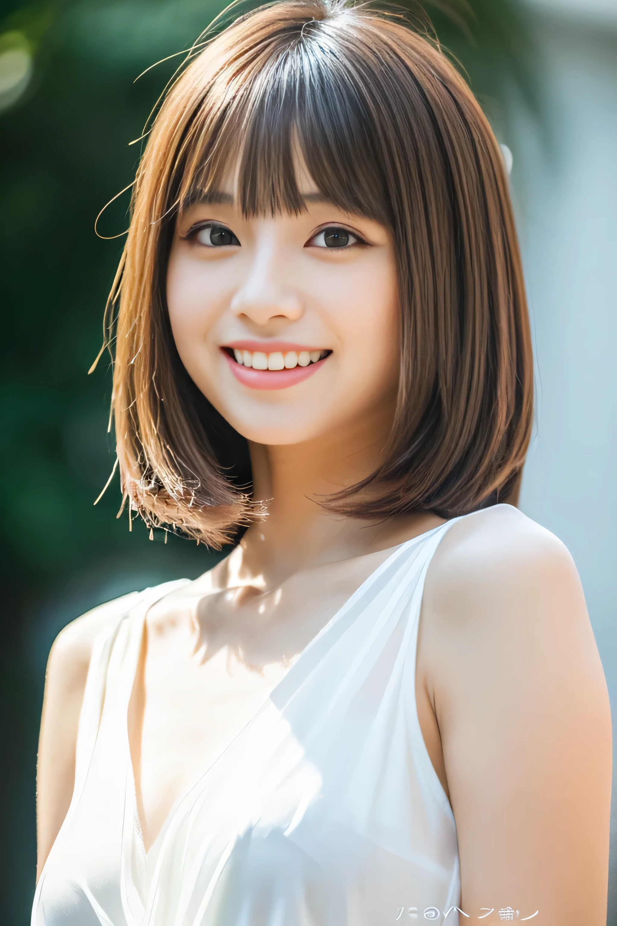 (The background is a pure white wall:1.Photo of 8 from the neck up)　(One of the most beautiful 24-year-old women in Japan)　(She is smiling at the audience with a very happy expression.)　((Her hair is incredibly straight、Very shiny and silky beautiful、Very detailed, thin and very thick light brown bob cut))　(from above)　((highest quality)), ((masterpiece)), (Familiar)　(Get used to it)　Perfect Face　(Her skin is a typical Japanese skin color..、Very detailed)　　(big breasts)　(She&#39;s wearing a shiny white silk shirt)　(She has a beautiful face with slender, narrow eyes.)　(Her bangs Well-organized)　(She has perfect beautiful makeup　Lipstick is light red　A solid eyeliner)　((Rich 1.4))　(Extremely detailed 8K)　(Stable diffusion model)　(Ultra-fine skin texture 1.4)　(Actual, Vibrant:1.4), double eyelid　Sharp focus:1.2、Beautiful woman:1.4　Dynamic Lighting　(Genuine RAW photos taken by professional photographers)　　(Her long bangs, Reaching up to her eyes, Well-organized)　(Turn your whole body towards the viewer)　Professionally light her from the front　