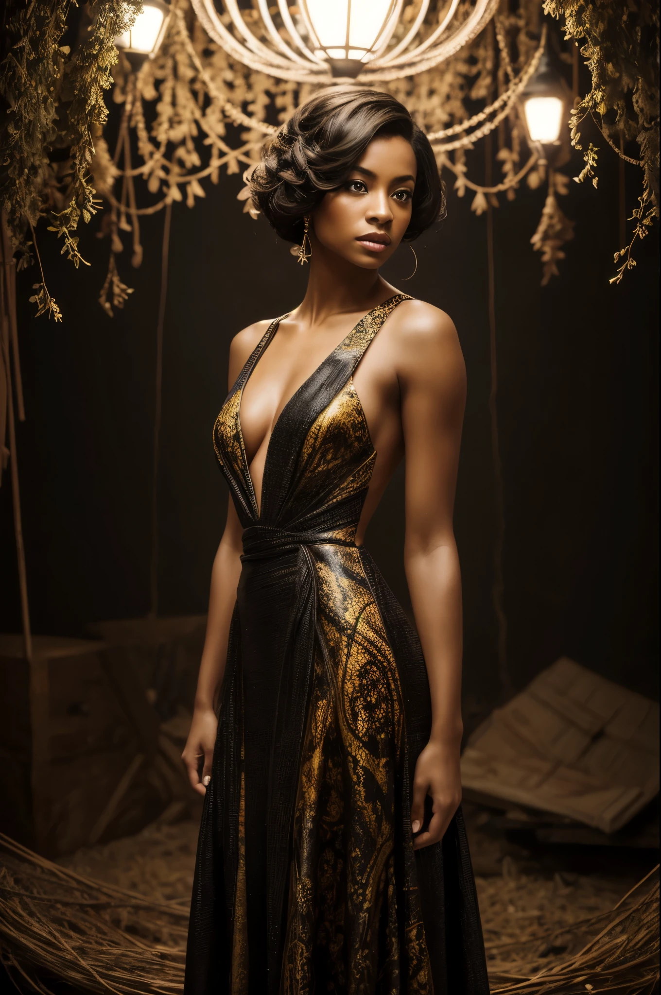 The Hasselblad photo portrait of a beautiful and mysterious european model with a dress inspired by Jackson Pollock creates the most incredible dress possible. In a setting worthy of the greatest dream gardens and colorful paintings, astonishing lighting ambiance, the woman is standing with an intense look, beautiful haircut, lots of 12k contrast, many original details, epic, fashion, haute couture, art, light skin, detailed, dark studio, rim lighting, two tone lighting, dimly lit, low key