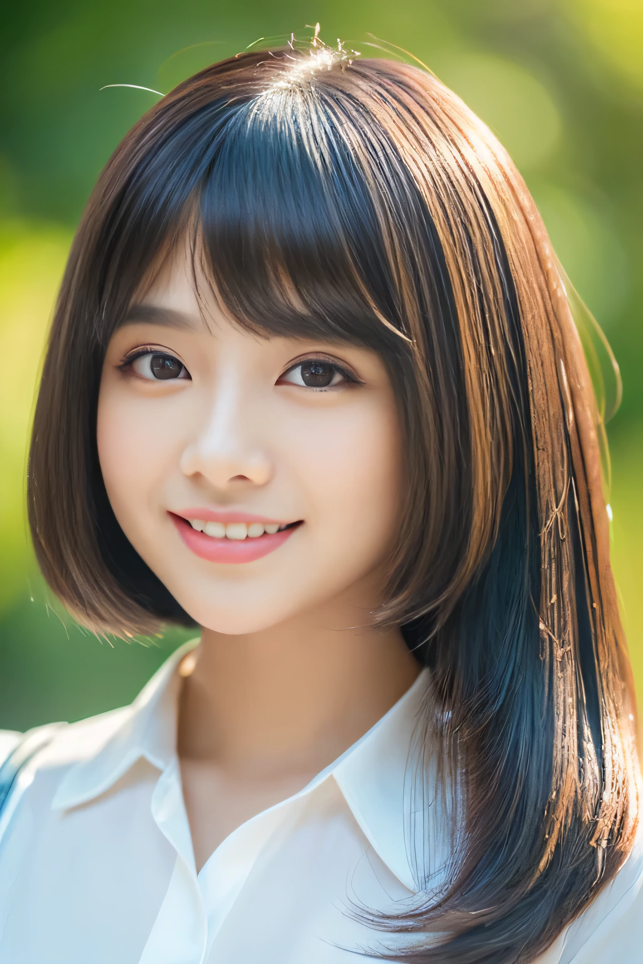 (The background is a pure white wall:1.Photo of 8 from the neck up) (One of the most beautiful 24-year-old women in Japan) (She is smiling at the audience with a very happy expression.) ((Her hair is incredibly straight、Very shiny and silky beautiful、Very detailed, thin and very thick light brown bob cut)) (from above) ((highest quality)), ((masterpiece)), (Familiar) (Get used to it) Perfect Face (Her skin is a typical Japanese skin color..、Very detailed) (big breasts) (She's wearing a shiny white silk shirt) (She has a beautiful face with slender, narrow eyes.) (Her bangs Well-organized) (She has perfect beautiful makeup Lipstick is light red A solid eyeliner) ((Rich 1.4)) (Extremely detailed 8K) (Stable diffusion model) (Ultra-fine skin texture 1.4) (Actual, Vibrant:1.4), double eyelid Sharp focus:1.2、Beautiful woman:1.4 Dynamic Lighting (Genuine RAW photos taken by professional photographers) (Her long bangs, Reaching up to her eyes, Well-organized) (Turn your whole body towards the viewer) Professionally light her from the front