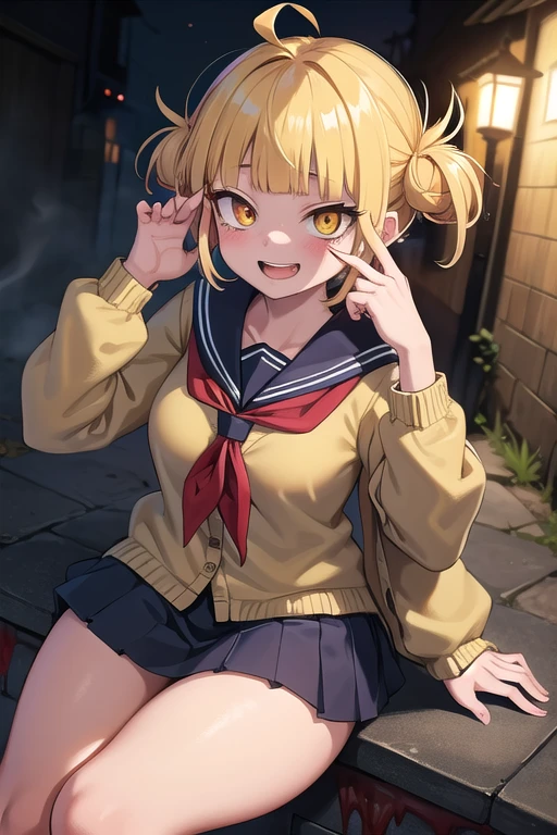 Thick outline, masterpiece, highest quality, One girl, toga himiko, boku no hero academia, Crazy Eyes, Crazy Smile, Open your mouth, yandere, Blonde, Double good, shining yellow eyes, put your hand on your face, face with shadow, Portraiture, serafuku, cardigan, Red neckerchief, Blood splatter, Dark Alley, Outdoor, Rim Light, fog,