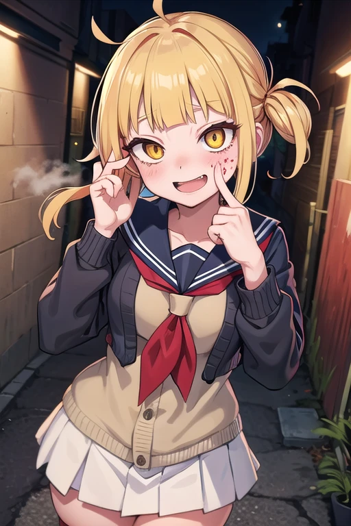 Thick outline, masterpiece, highest quality, One girl, toga himiko, boku no hero academia, Crazy Eyes, Crazy Smile, Open your mouth, yandere, Blonde, Double good, shining yellow eyes, put your hand on your face, face with shadow, Portraiture, serafuku, cardigan, Red neckerchief, Blood splatter, Dark Alley, Outdoor, Rim Light, fog,