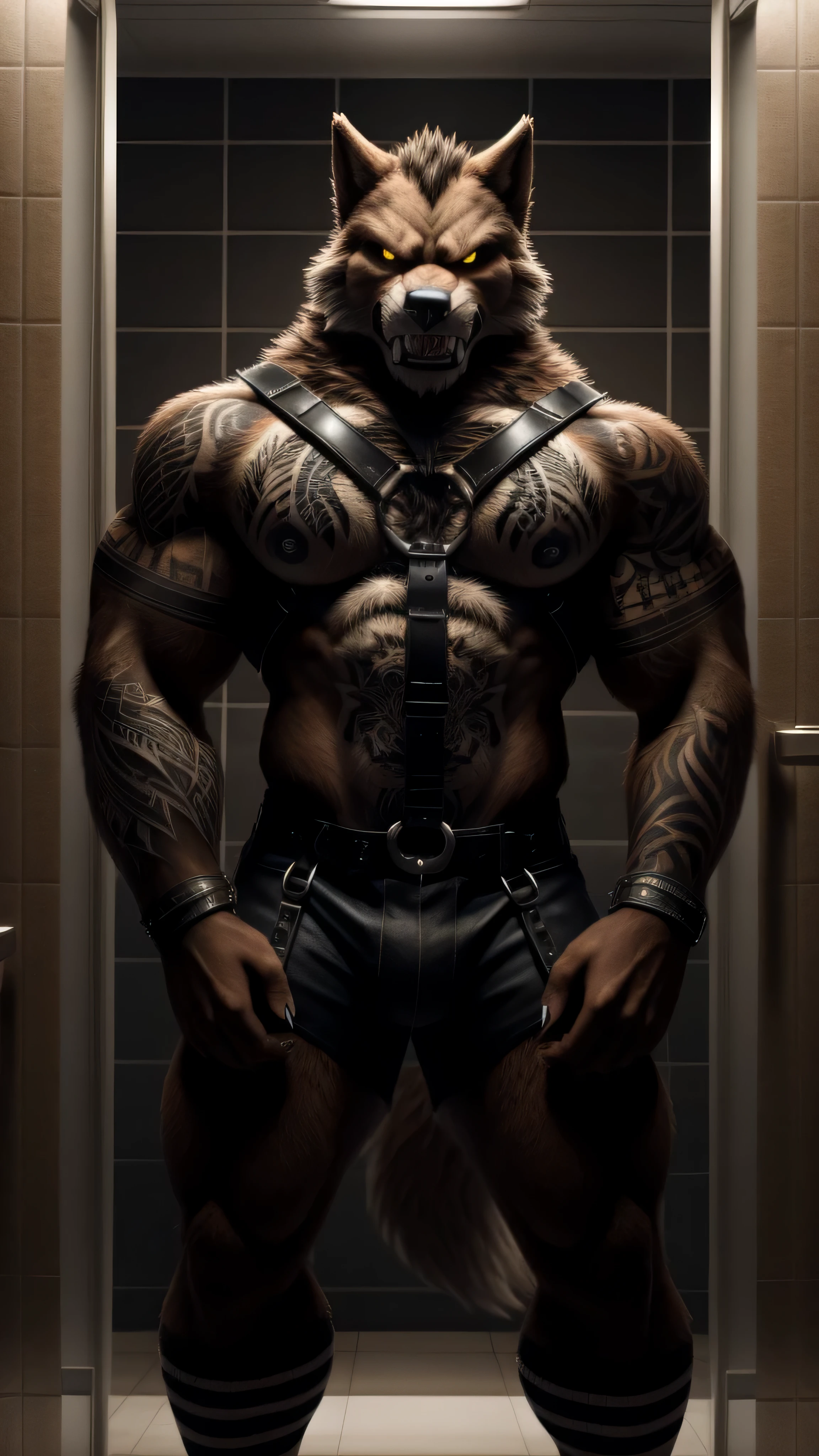 fursuit werewolf male muscular sexy irritated and angry (tattoos:1.2) brute wearing striped socks and a harness  looking at me Alone in the bathroom 